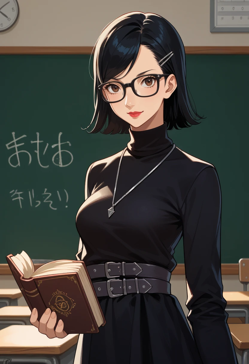 score_9, score_8_up, score_7_up, source_anime BREAK 1girl, looking at viewer, smile, classroom, 
<lora:zs_KatayamaXL:1> katayamap5x, black hair, short hair, brown eyes, hairclip, glasses, lipstick, necklace, black dress, turtleneck, belt, holding book