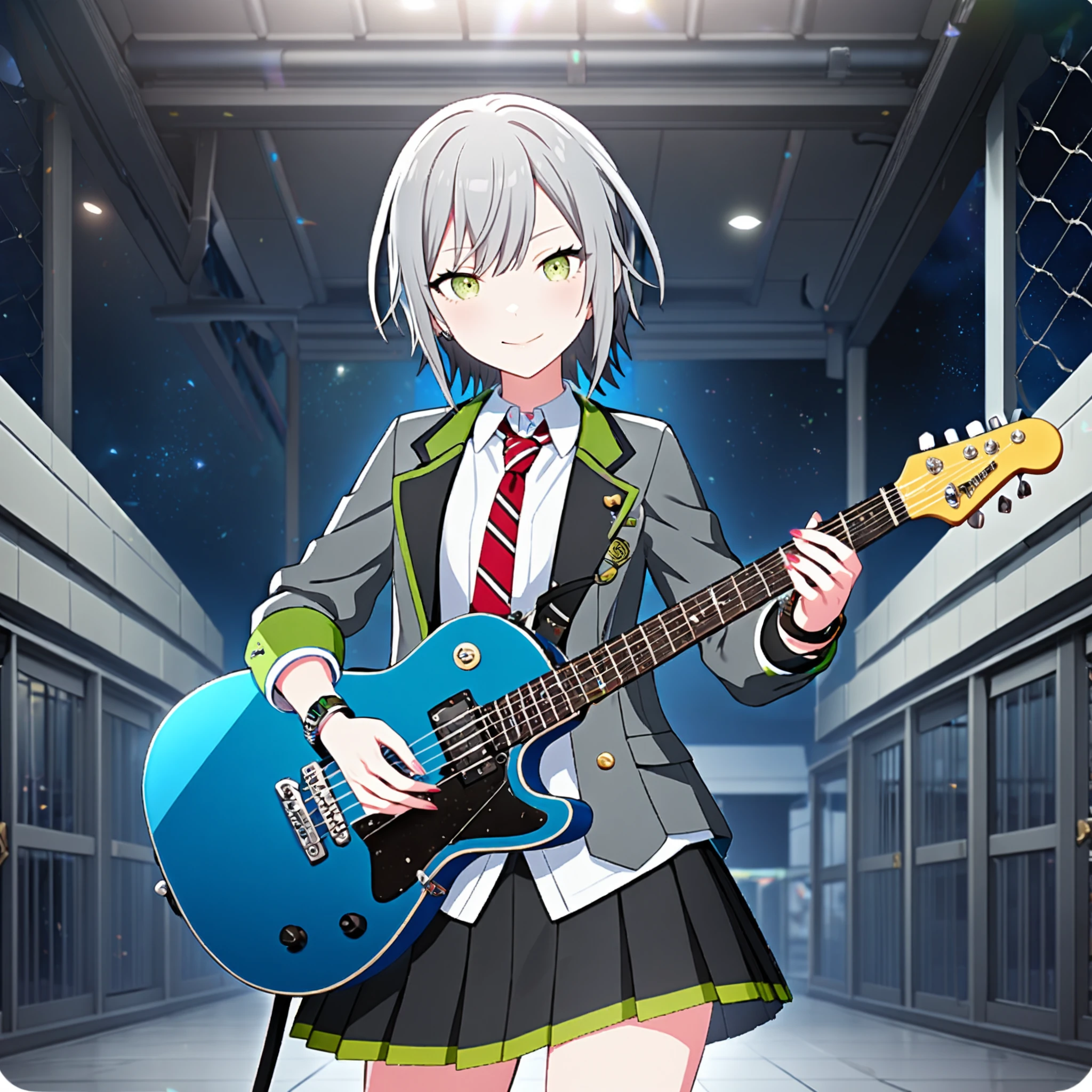 1girl, hinomori shiho, project sekai, masterpiece, very aesthetic, absurdres, official art,
brandnew shiho, solo, silver short hair, wolf hair, green eyes, cowboy shot, 
(looking at viewer:1.4),  smiling, standing, playing base guitar, BREAK
grey jacket, red necktie, black skirt, white shirt, pleated skirt, open jacket, open clothes, striped necktie, collared shirt, bracelet, blazer, long sleeves, striped, school uniform, wristband, black jacket, diagonal-striped necktie, watch, wristwatch, untucked shirt, green belt, 
beautiful starry sky, (top of the school building:1.4), wire mesh fence,
<lora:sdxl-leo-BNShiho03:0.8:lbw=0,0,0.2,0.2,0,0.4,0.4,0,0.8,0.8,0,0,0,0.8,0.8,0.6,0.8,0.0,0.0,0.0,0,0,0,0,0,0>