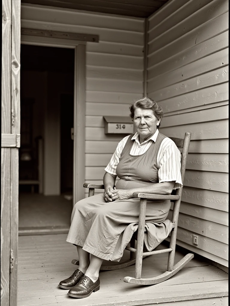 in the style of depression era, portrait of a rural woman on her front porch. She sits on a wooden rocking chair, hands resting in her lap, dressed in a simple cotton dress and apron. Her gaze is distant, weathered by years of hardship, yet calm. Behind her, the faded boards of the house and a crooked mailbox complete the humble scene, reflecting the tough life of the Dust Bowl era.