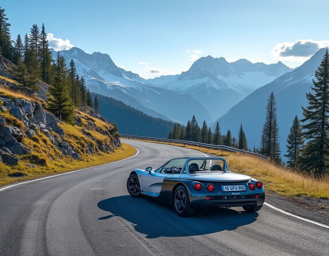 The Renault Spider rests at the edge of a winding mountain road, surrounded by towering alpine peaks. The car, a striking silver, is positioned with its front facing downhill, as if ready to accelerate into the next series of hairpin turns. Snow-capped mountains loom in the distance under a clear, crisp blue sky. The air feels cold and fresh, with a few clouds hanging low around the peaks. The scene is captured in the early morning, with the first rays of sunlight illuminating the sharp contours of the carâs body, reflecting off its metallic surface. The rocky terrain and tall pine trees contrast with the smooth, polished lines of the Spider, emphasizing its precision and power in a rugged environment. From a drone-like high-angle perspective, the road snakes away into the distance, giving a sense of adventure and freedom.
It writes "16 UFU 80" on the license plate.
  <lora:uai_RenaultSpider_v104:1>