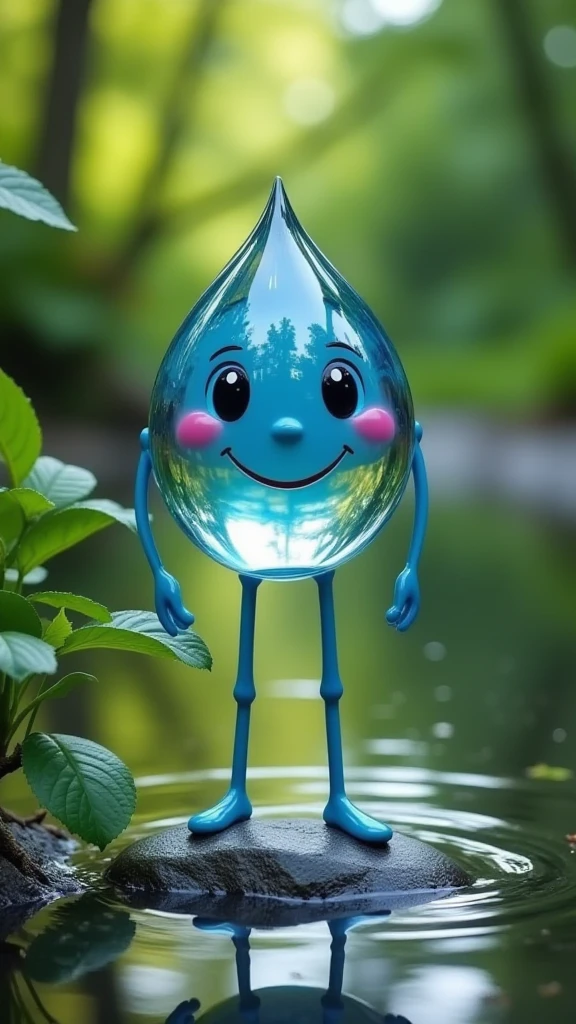 animated waterdrop smile, stand on river, leaf