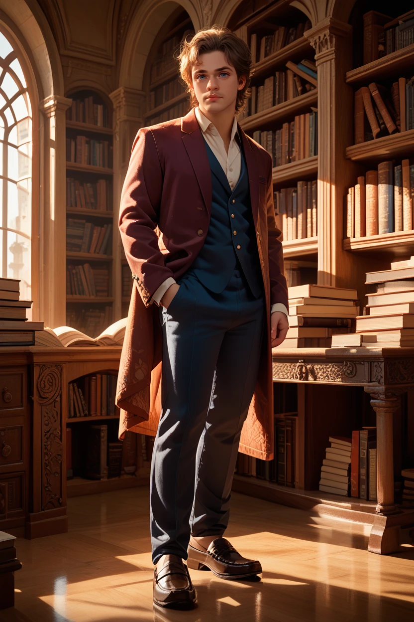 score_9, score_8_up, score_7_up, score_6_up
<lora:STBilly:0.8>
STBilly, solo, 1boy, brown hair, blue eyes, Velvet blazer, silk shirt, tailored trousers, and velvet loafers, Ancient library with towering bookshelves, warm light, cozy