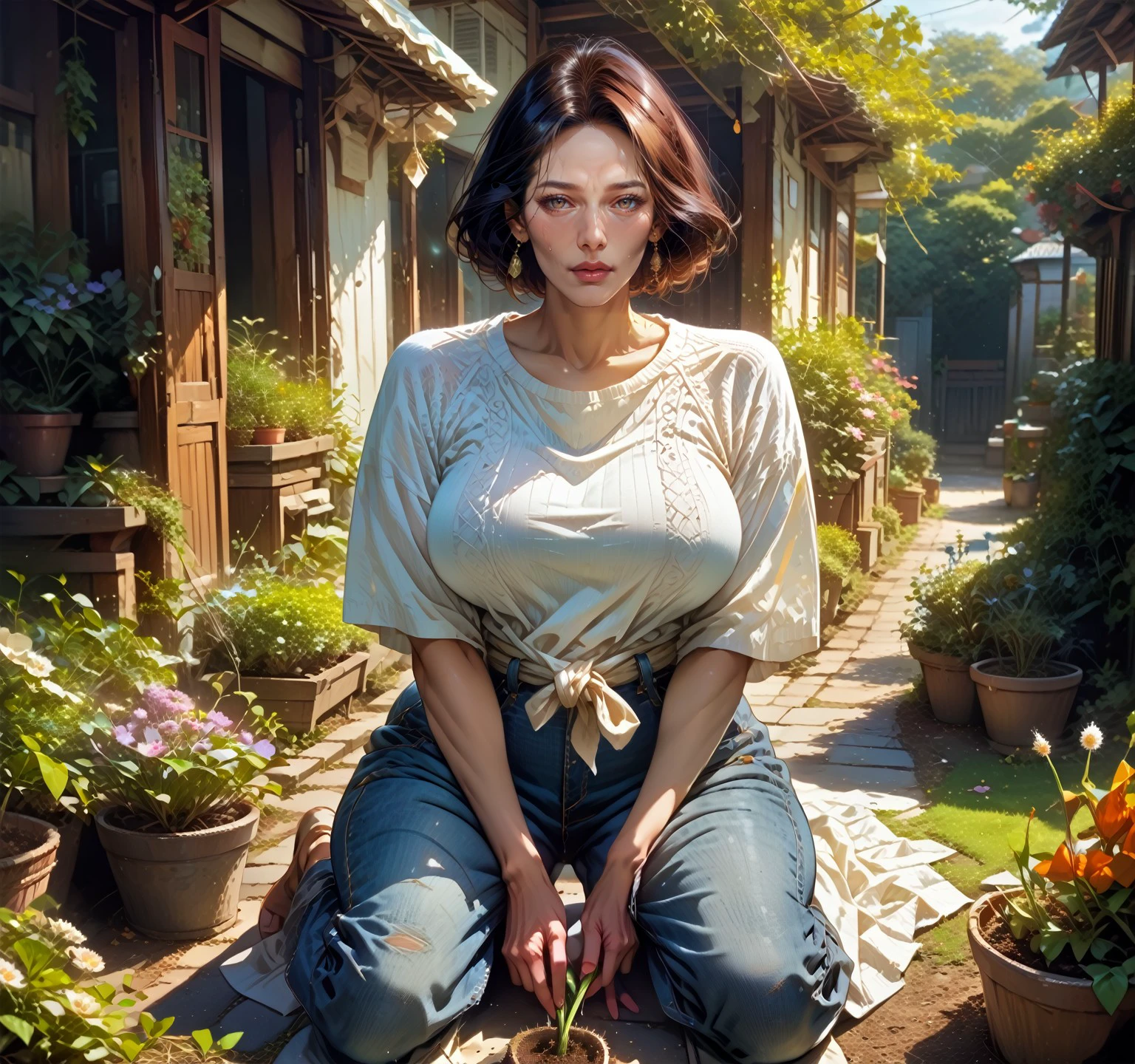 score_9, score_8_up, score_7_up,1girl, araneesama, sweatermilf, large breasts, (shirt tied in front and back), jeans, kneeling, (gardening), in a rural garden,  detailed background, EXPRESSIVEH, <lora:Expressive_H:0.8>, <lora:Anime Summer Days 2 Style SDXL_LoRA_Pony Diffusion V6 XL:0.75> <lora:ComicsPonyXL_V2:0.35>, <lora:SweaterMilf:0.85>