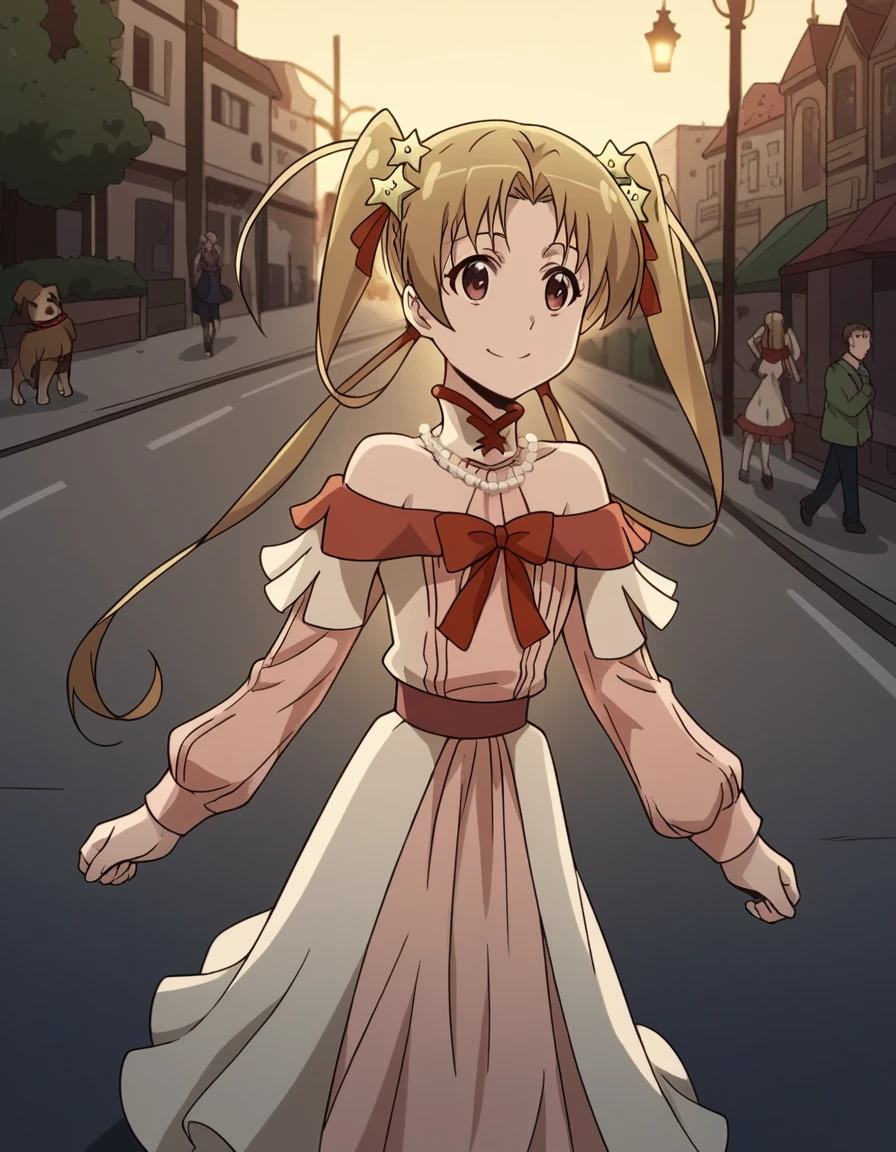 score_9, score_8_up, score_7_up, source_anime, <lora:sherry-tueli-s2-ponyxl-lora-nochekaiser:1>, sherry tueli, long hair, brown hair, hair ornament, twintails, brown eyes, star (symbol), star ornament,, dress, bare shoulders, jewelry, necklace, frills, long sleeves,, city street, evening, streetlights, walking dog, quiet neighborhood, gentle breeze, smile, , hands behind head,, solo,, cowboy shot, dutch angle