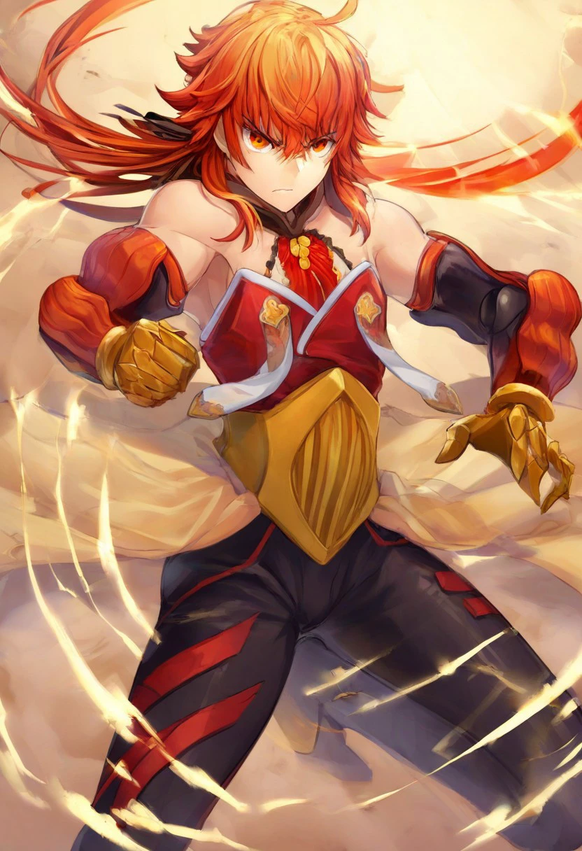 rama_(fate), fate/grand order, 1boy, low ponytail, bishounen, otoko no ko, hair between eyes, detached_sleeves, gauntlets, ,  solo focus,  male focus, red hair, gradient hair, bare shoulders, detached collar, standing,  fighting_stance