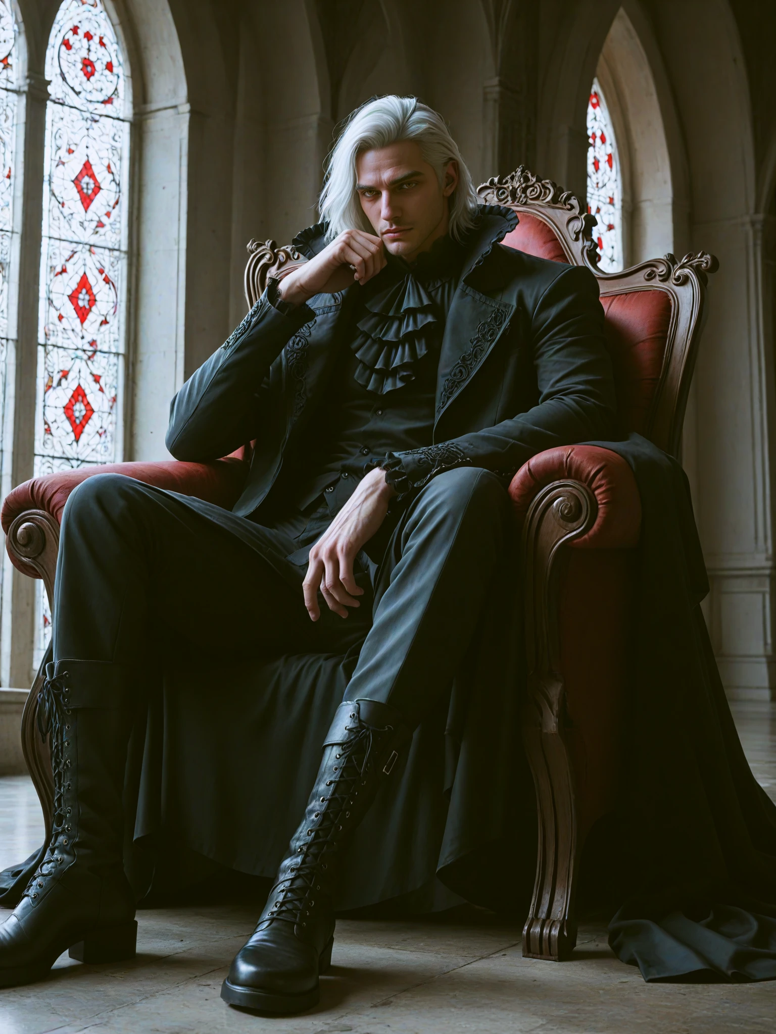 score_9, score_8_up, score_7_up, (adult:1.2), solo, masterpiece, gothic palace, vampire man sitting with legs crossed, pale skin, long white hair, frilly shirt, hussar jacket, black pants, black riding boots