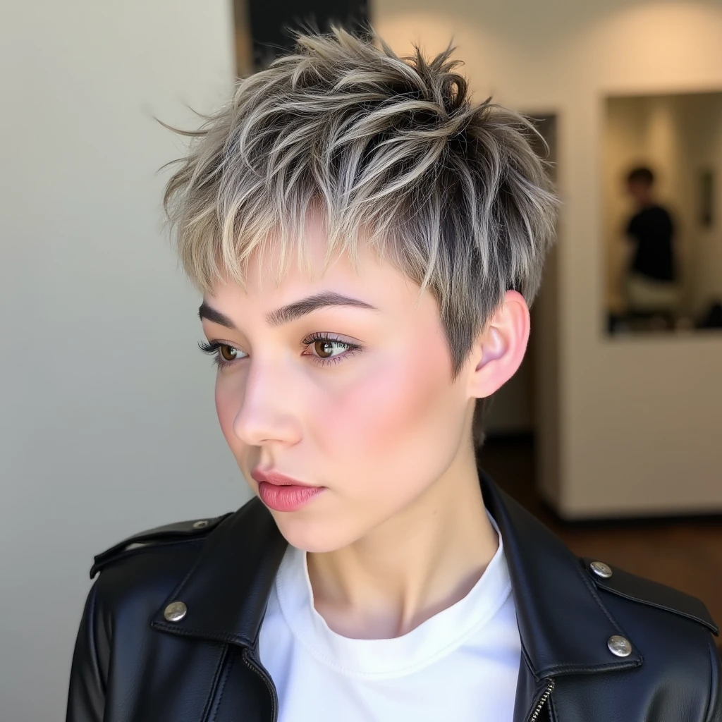 The image is a high-resolution Upper body photograph of a perso. The subject has short, spiky hair styled in a pixie cut with a gradient effect, transitioning from dark blonde at the roots to platinum blonde tips. The hair appears to be textured and slightly messy, giving it a punk or edgy look. The person's skin is fair, and they have a subtle blush on their cheeks. Wearing a leather jacket with white shirt inside