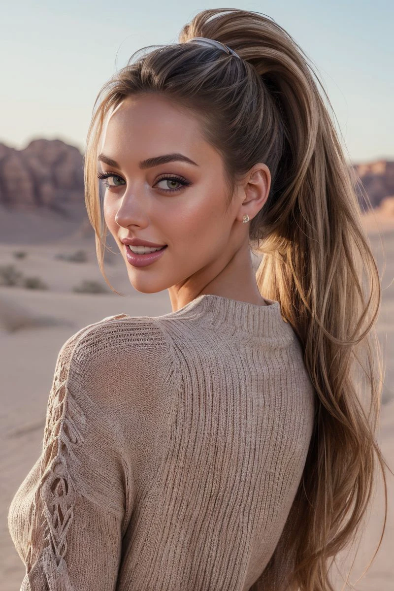 portrait of S551_KlaudiaWonatowska,a gorgeous woman,in a (desert:1.1),wearing a (short sleeved sweater),(smiling),(ponytail),(4k, RAW photo, best quality, 50mm, depth of field, ultra high res:1.1),(intricate, photorealistic, cinematic-shot, masterpiece, ultra-detailed:1.1),