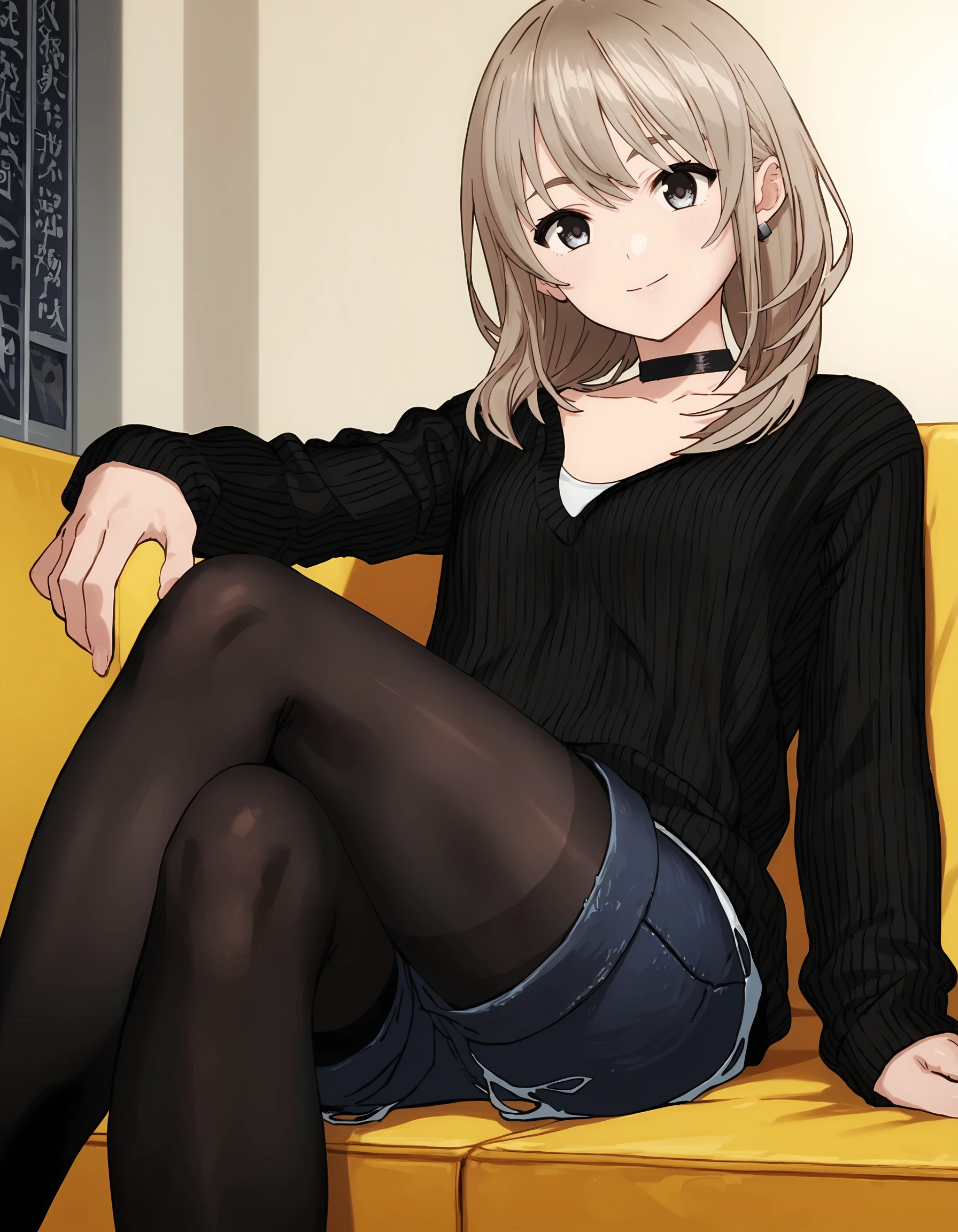 score_9, score_8_up, score_7_up
BREAK 1girl, <lora:MomokaXL-v2:1>, momoka, single earring, black choker, ribbed sweater, black sweater, long sleeves, white undershirt, denim shorts, blue shorts, black pantyhose, looking at viewer, sitting, crossed legs