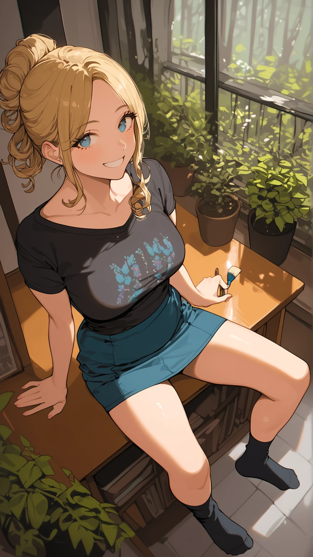 zPDXL3, score_9, score_8, score_7_up, full body, perfect feet, 

 horny, playful, smile, hungry for orgasm, cozy, horny smile , 

 blonde hair ,

 curly hairstyle ,

1girl, adult girl, slim, slender,  


short dress, colorful clothes ,

 black t-shirt ,

 small tits, milf 
,

 oversized socks ,


(very high angle, from above, from top):32, 

 
sitting, spread legs ,

 Bioluminescent forest, pulsating plant life, dark underbrush, soft blue light , (cozy lighting, warm lighting):7, 