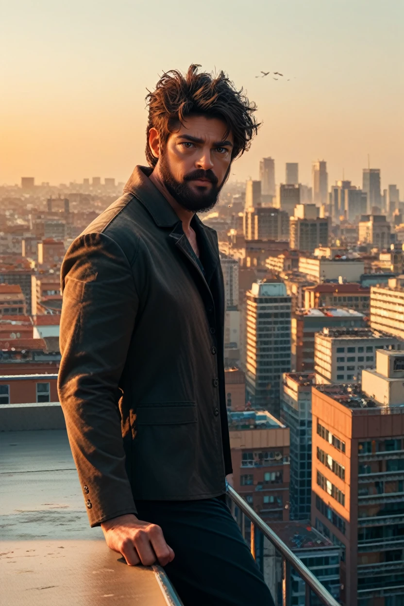 score_9, score_8_up, score_7_up, score_6_up
<lora:TBBButcher:1.0>
TBBButcher, 1boy, brown hair, beard, brown eyes, looking at viewer, in a tailored suit, standing on a rooftop overlooking a city skyline at sunset, golden hour, wind blowing through his hair, dramatic shadows