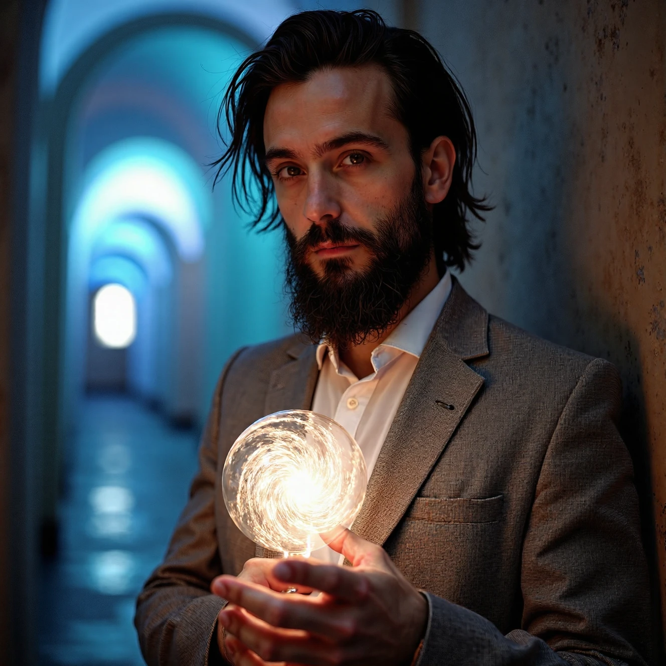 RAW photo, a candid full body portrait of a beautiful man with a beard in a grey suite printed with fractal art, 8k uhd, dslr, soft lighting, high quality, film grain, Fujifilm XT3 <lora:FLUX_Polyhedron_all_Kohya_ss-000001:0.1>
small chin, (no freckles:0.5), perfect eyes, glowing irises, ((even eyes)), ((even pupils)), round iris, detailed pupils, light reflections, visible cornea, blood vessels, (wet skin:1.1), (sweat:1.1), white winter skin, wax skin, marble skin, pale skin, clear skin, [[skin blemishes]], skin pores, blush, flushed cheeks, [[[[[moles]]]]], wrinkles, [[[[vitiligo spots]]]], [[whiteheads]], [[[blackheads]]], [pimples], perfect hands, shiny bright eyes, centered pupils, blood vessels in sclera, detailed skin, [[oiled shiny skin]], beauty spots, skin fuzz, shine from within, hands off face, not asian
he holds a strange device in his hand that consists of glowing fractals which form the universe
he stands in a strange but colorful corridor or tunnel that consists of fractals with a fractal floor and a double spiral staircase, fractal art, a fractal, (apophysis:1.1), helix, infinity, non euclidean, golden spiral, fibonacci, julian, mandelbrot  <lora:FLUX_Polyhedron_fractal_art_Kohya_ss-000001:1>