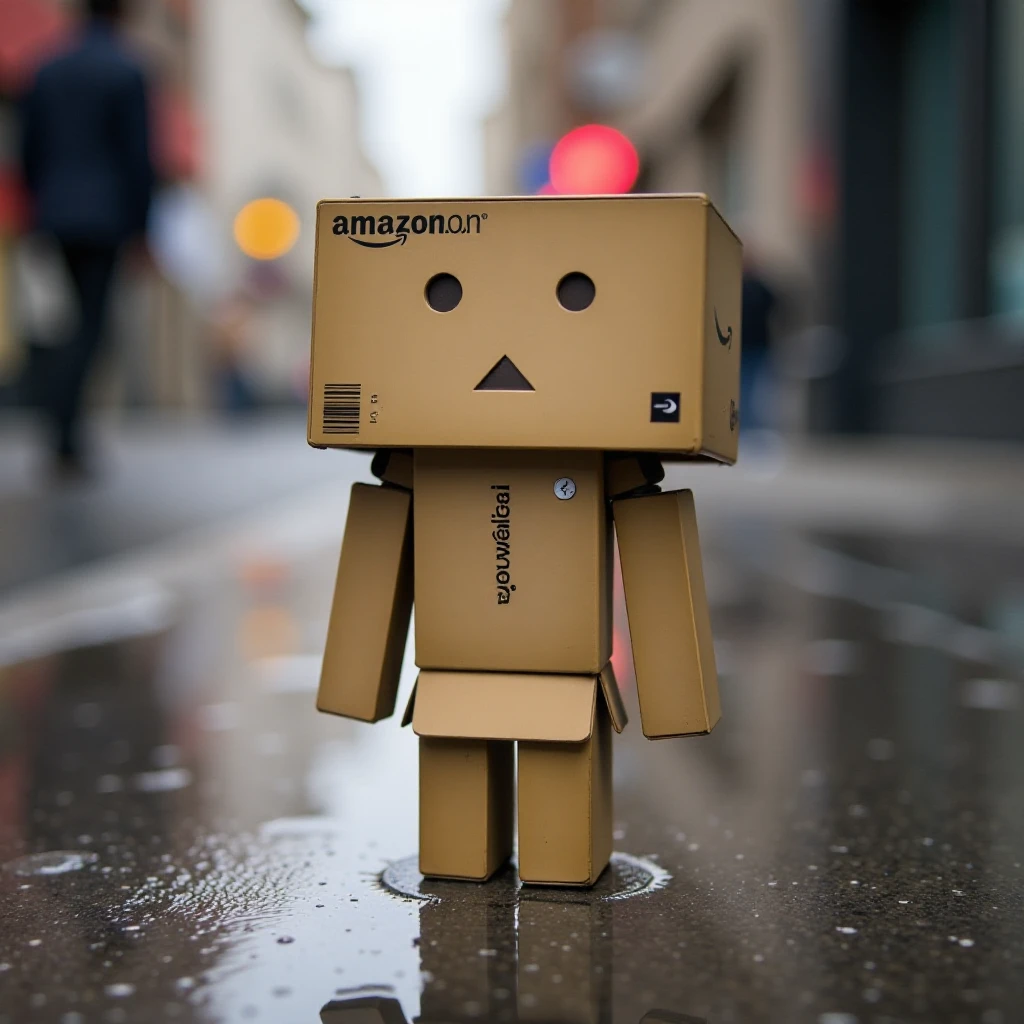 danbo, a Danbo toy standing on a wet sidewalk, with a sad expression on its face. The background is blurred, giving the image a dreamy, ethereal feel