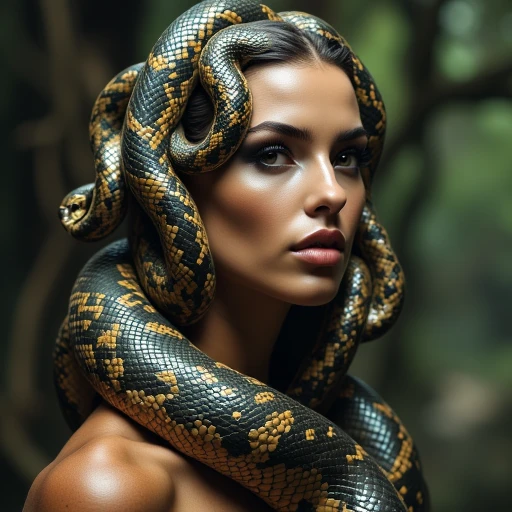 female Medusa snakes for hair  realistic photo snake like skin full body shot