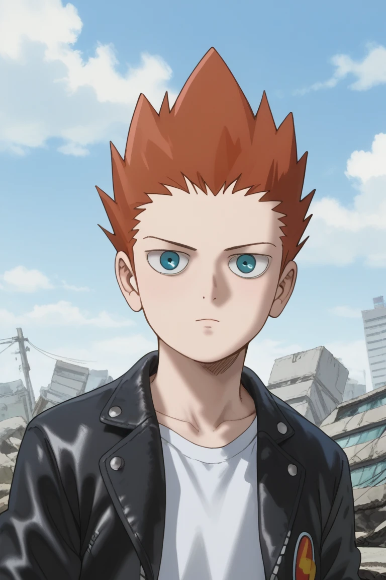 score_9,score_8_up, score_7_up, score_6_up,
suzuki sho, orange hair, blue eyes, spiked hair, 1boy, male focus, solo, jacket, shirt, outdoors, cloud, white shirt, closed mouth, leather jacket, leather, sky, looking at viewer, open jacket, open clothes, black jacket,cloudy sky, building, short hair, upper body, ruins