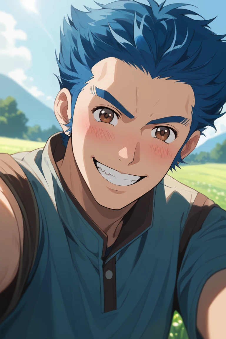 score_9, score_8_up, score_7_up, source_anime, rating_safe, day, natural lighting, male focus, selfie, GuntherABW, blue_Gunther_short hair, brown_Gunther eyes, grin, teeth, blushing, happy, 1boy, intricately detailed illustration, blurry outdoors, depth of field, atmospheric perspective