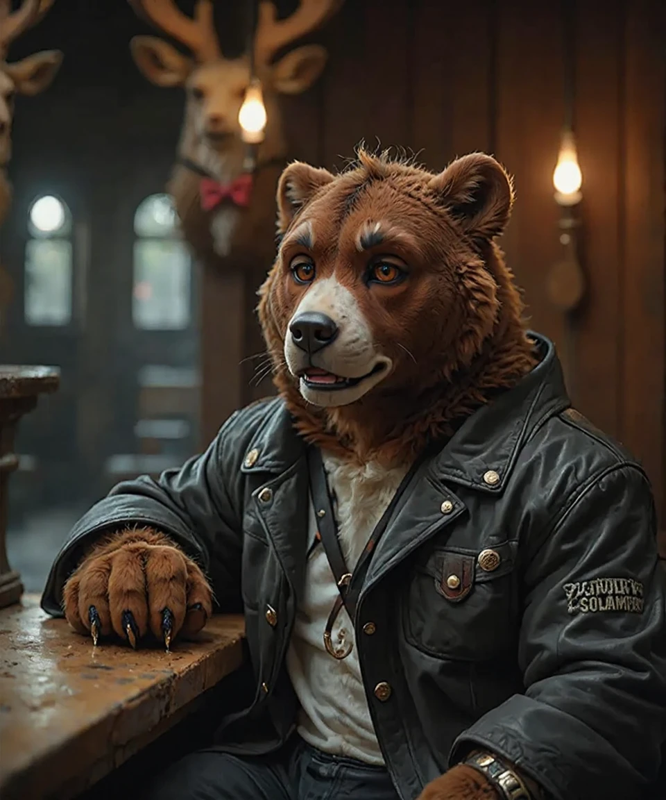 <lora:animan_01:1.2> ,animanflux,This is a highly detailed realistic candid photography depicting an anthropomorphic animal figure.In an old tavern, an anthropomorphic bear character sits at the bar. The bear has brown fur and gentle brown eyes, wearing a leather jacket. His arms are thick and powerful. The tavern is dimly lit, with wooden tables and chairs and a deer head decoration on the wall, creating a retro atmosphere.