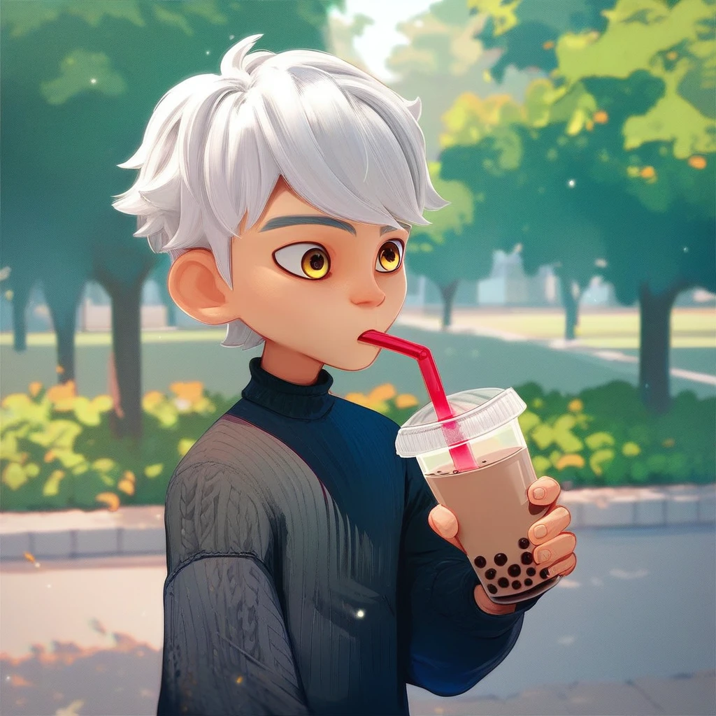 score_9_up, score_8_up, score_7_up, mikus-miraculous, white hair, yellow eyes, park, holding, bubble tea, black sweater, gray shorts, 1boy, solo