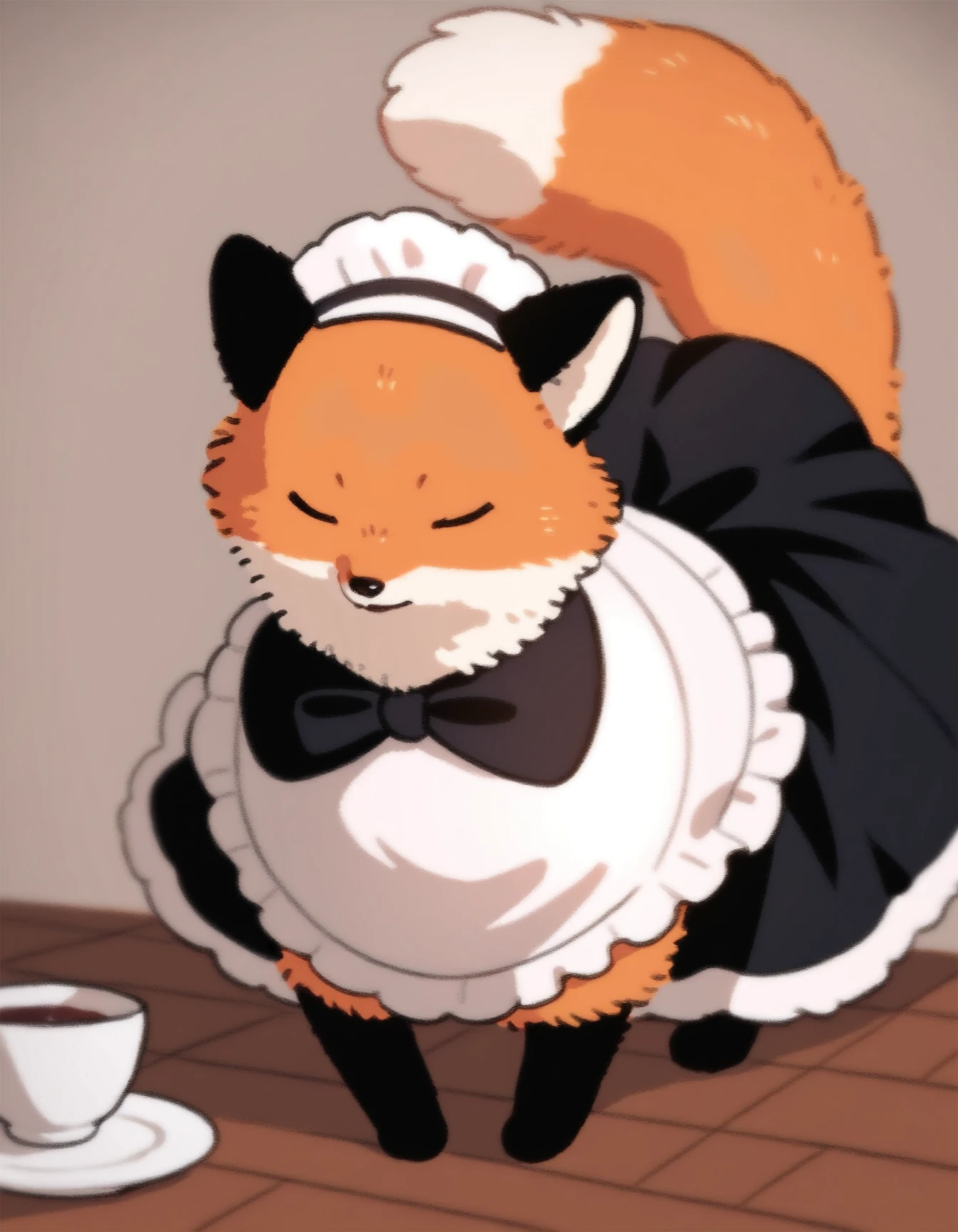 score_9, score_8_up, score_7_up, score_6_up, score_5_up, score_4_up, solo, feral
Numsiri_fox, black nose, closed eyes, orange fur, tail, closed eyes, maid, maid outfit, skirt
<lora:Numsiri_fox_XL:0.9>