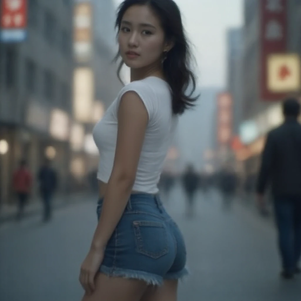 (CRU photo, best qualityer, work of art:1.2), (realisitic, photo-realisitic:1.4),(work of art:1.4),(best qualityer:1.4),  ((cyberpunk sexy girl)) standing alone, :d, (earbuds), bangss, blush, ((colorful body harness)), breasts big, ((dynamic pose)), cowboy shot, (((cyberpunk city streets background))), hair intake, earbuds, long hair, gazing at viewer, side locks, ssmile, (((tight slit))), thicc thighs, twintails, very long hair, White hair,Alice \(to wave\),(shining skin),realisitic. sexy glute, nice butt