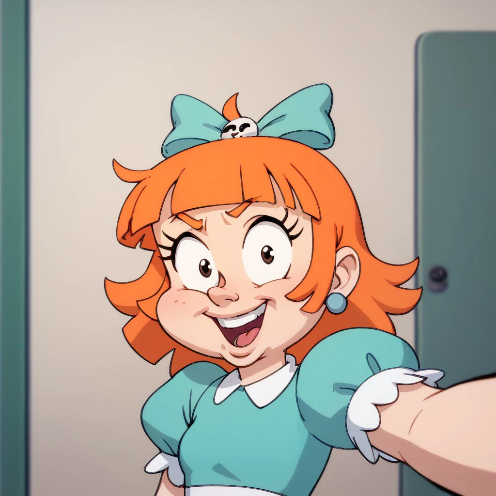 score_9, score_8, score_7, break, elmyra_tta, orange hair, hair bow, puffy sleeves, skirt, selfie