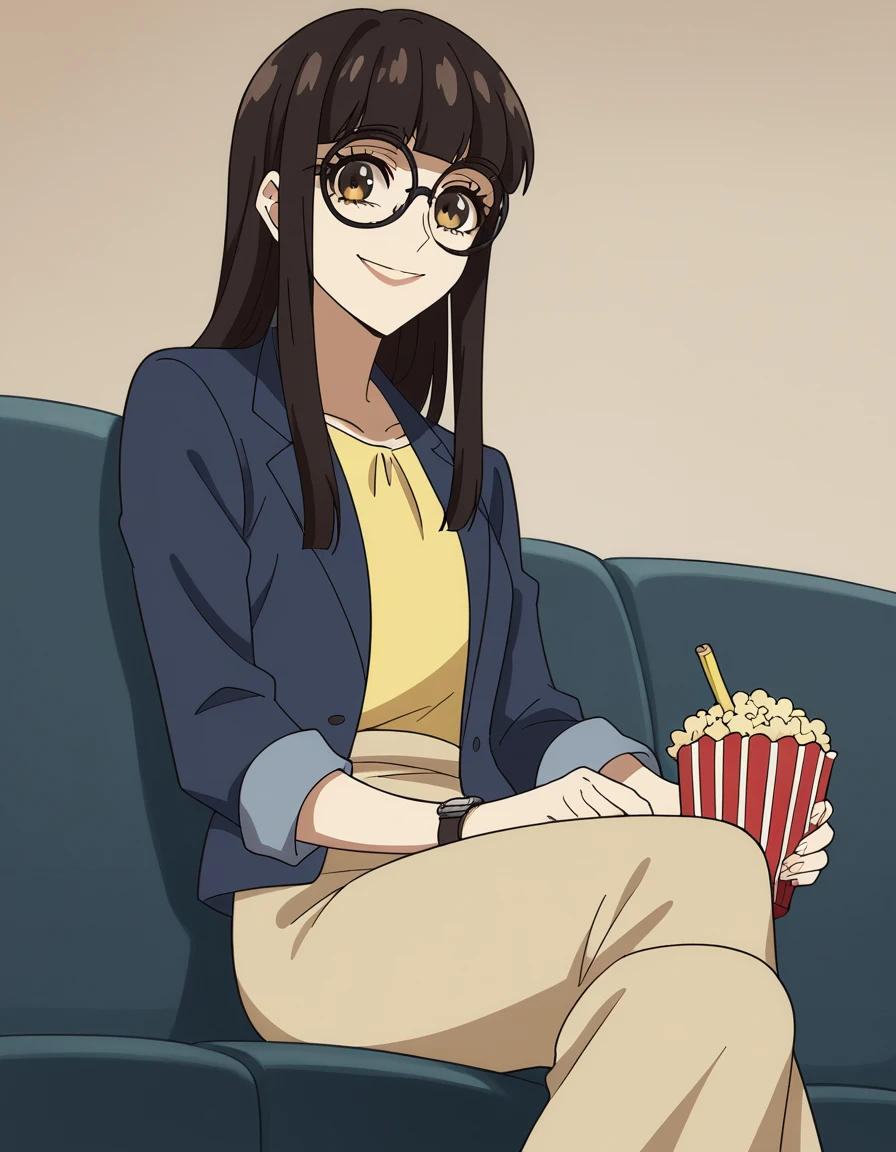 score_9, score_8_up, score_7_up, source_anime, <lora:mayu-uchida-s1-ponyxl-lora-nochekaiser:1>, mayu uchida, long hair, bangs, brown hair, black hair, brown eyes, sidelocks, blunt bangs, glasses, medium breasts,, skirt, shirt, jacket, blue jacket, yellow shirt, wristwatch, skirt, pencil skirt,, living room, television, couch, popcorn, watching movie, night time, sitting,, smile, looking at viewer, from below, solo,, cowboy shot, dutch angle