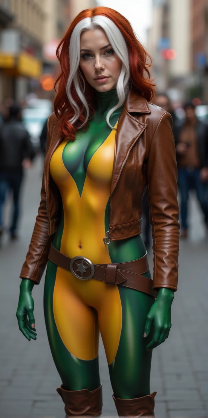 Rogue is a woman wearing a superhero costume, Front strands of white hair, Redhead. She wears a brown leather jacket. she stands in a street <lora:Rogue:0.9>