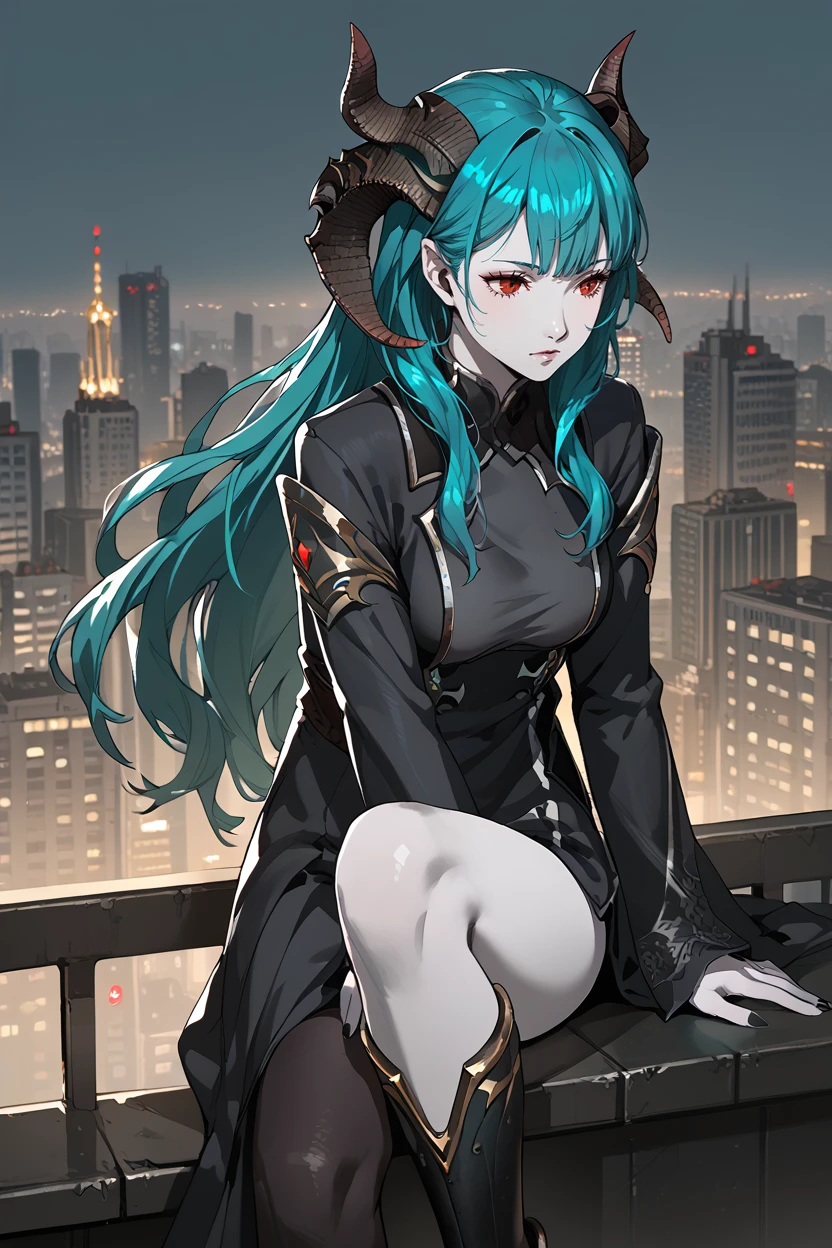 score_9, score_8_up, score_7_up, score_6_up
<lora:VVGirl:0.8>
VVGirl, demon horns, red eyes, long hair, aqua hair, gray skin, sitting on a windowsill, one leg bent, one hand resting on the knee, city skyline at dusk in the background, moody and reflective ambiance