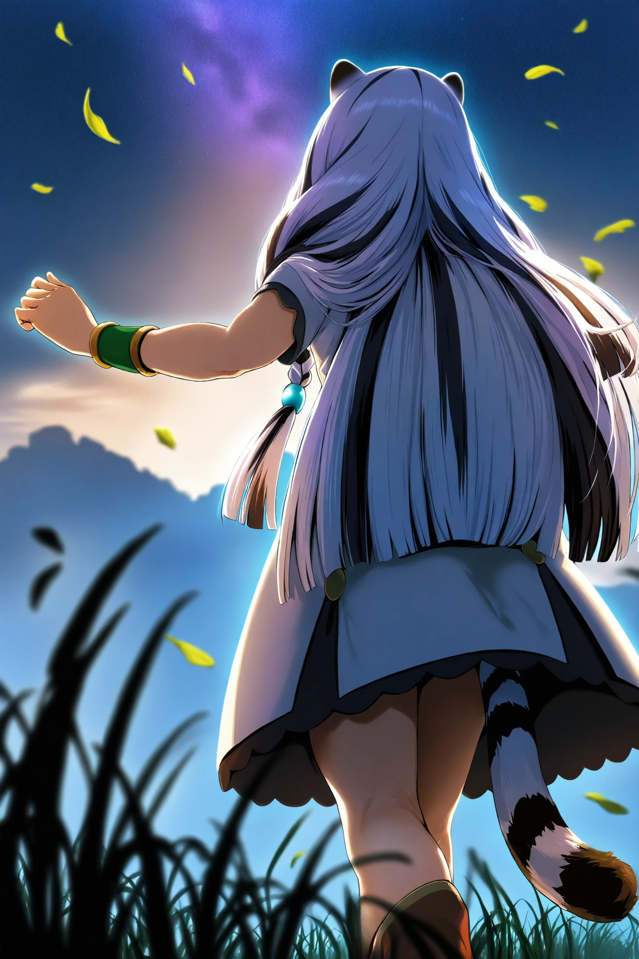 <lora:atla_fayon_illustrious_lora_v1:1>, 1girl, atla fayon, tiger tail, tail under clothes, solo,
multicolored dress, white dress, short sleeves, green wristband,
from behinid, facing away, feet out of frame, from below, walking, arms up, falling leaves, grass, tall grass, field, dark, night, night sky, starry sky, milkyway, fog, blurry foreground, backlighting, steam,
anime screencap, by hero neisan, by agwing86,
masterpiece, best quality