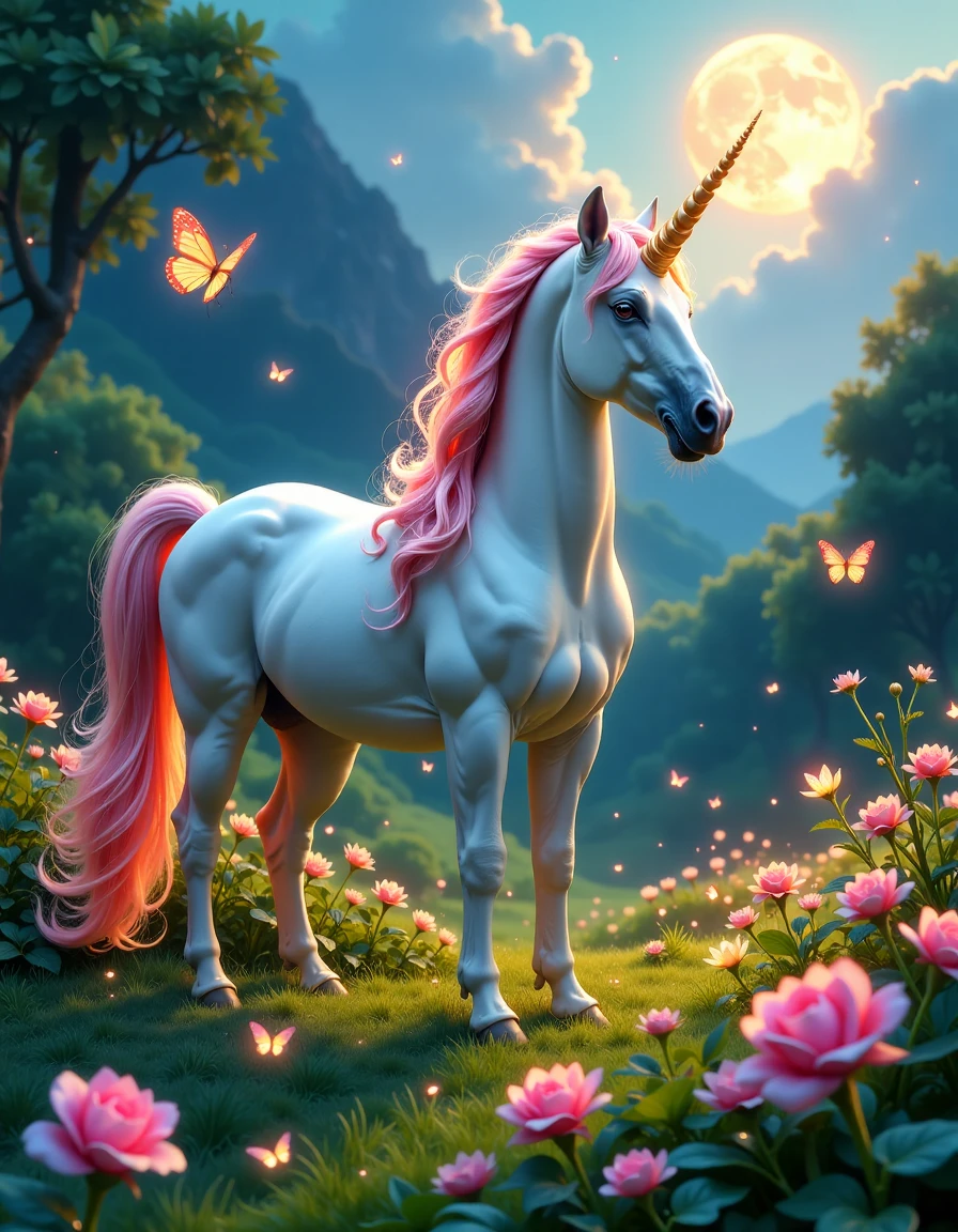 Majestic unicorn with a flowing mane like liquid silver, spiral horn glowing with inner light, standing in a field of glowing flowers that change colors, butterflies with luminescent wings fluttering around, Magic Dream style, hyper-realistic fur texture, soft ethereal lighting, detailed background
 <lora:magic-dream:0.5> md0924, magic, anna stokes, boris vallejo, alphonse mucha, sky with clouds and moon, flowers, swirl magic