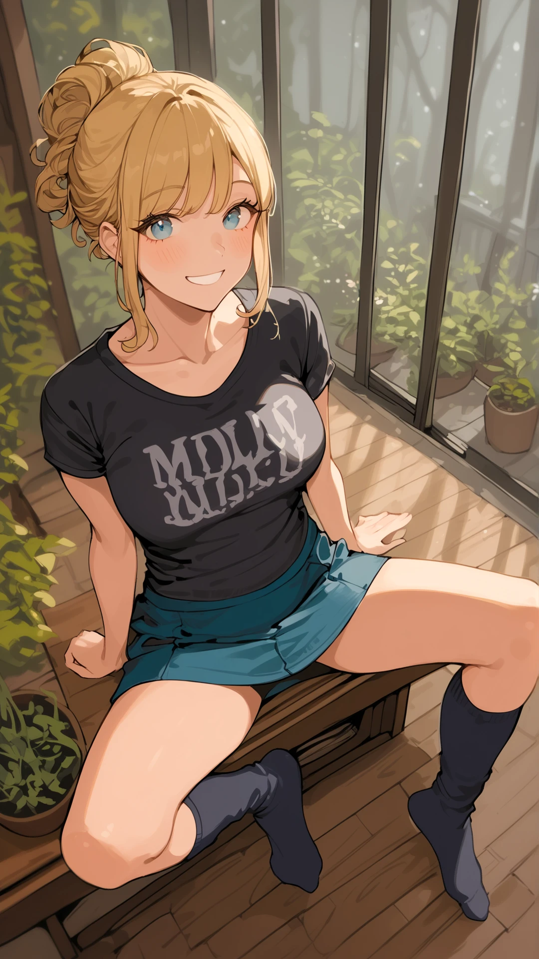 zPDXL3, score_9, score_8, score_7_up, full body, perfect feet, 

 horny, playful, smile, hungry for orgasm, cozy, horny smile , 

 blonde hair ,

 curly hairstyle ,

1girl, adult girl, slim, slender,  


short dress, colorful clothes ,

 black t-shirt ,

 small tits, milf 
,

 oversized socks ,


(very high angle, from above, from top):32, 

 
sitting, spread legs ,

 Bioluminescent forest, pulsating plant life, dark underbrush, soft blue light , (cozy lighting, warm lighting):7, 