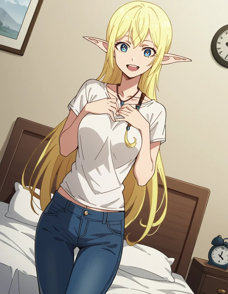 score_9, score_8_up, score_7_up, source_anime, <lora:tuka-luna-marceau-s1s2-ponyxl-lora-nochekaiser:1>, tuka luna marceau, long hair, blonde hair, pointy ears, elf, blue eyes, medium breasts,, jewelry, pants, necklace, denim, jeans, shirt, white shirt, short sleeves, collarbone, navel,, bedroom, alarm clock, morning routine, yawning, stretching, on bed,, smile, looking at viewer, hands on own chest,, solo,, cowboy shot, dutch angle