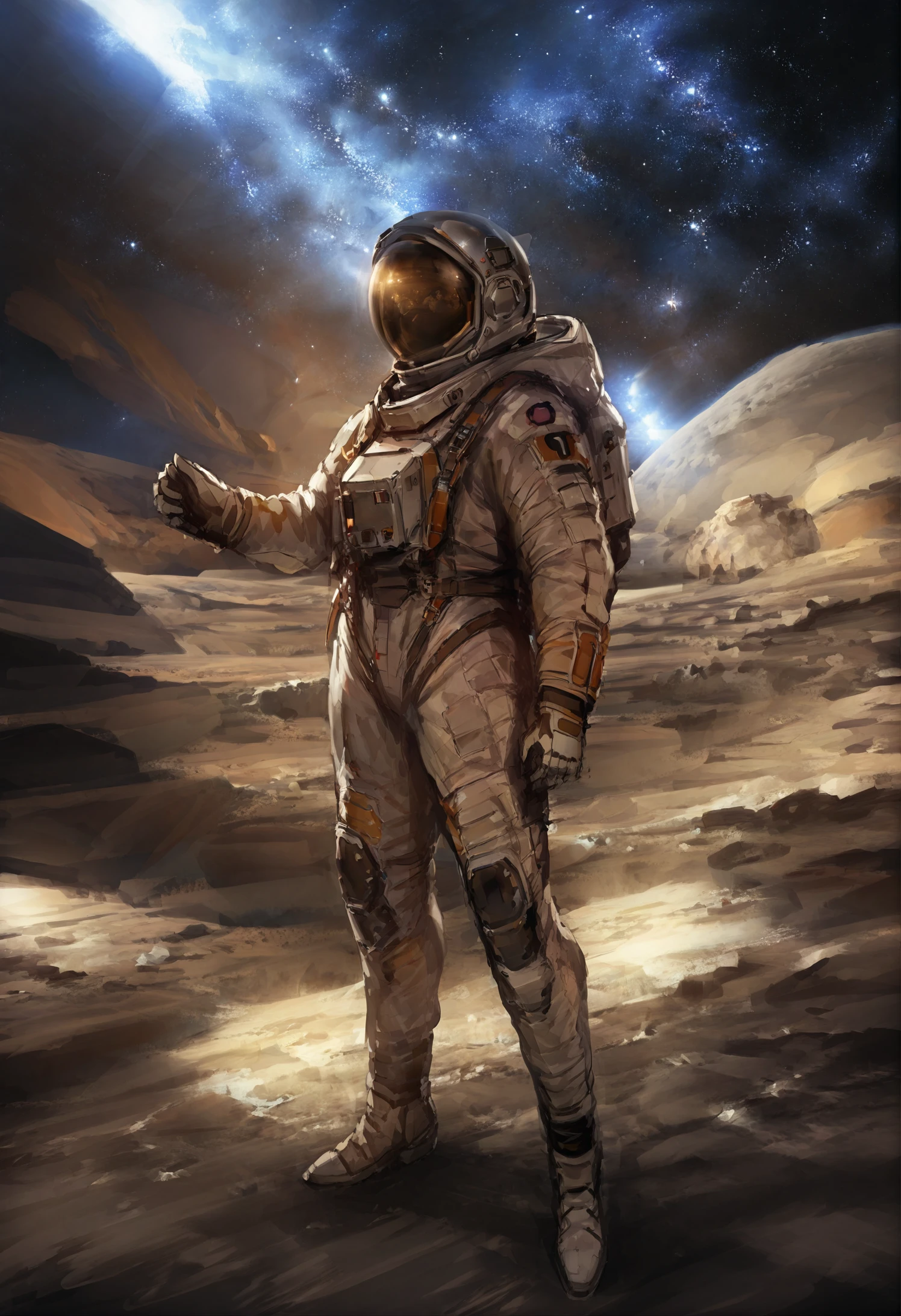 1boy, male focus, 
spacesuit, astronaut, space, helmet, science fiction, solo, brown hair, spacecraft, standing, space helmet, gloves, star \(sky\),
.
masterpiece, best quality, score_9, score_7_up, score_6_up
 <lora:lm7XLlokr4f-000187:0.95>