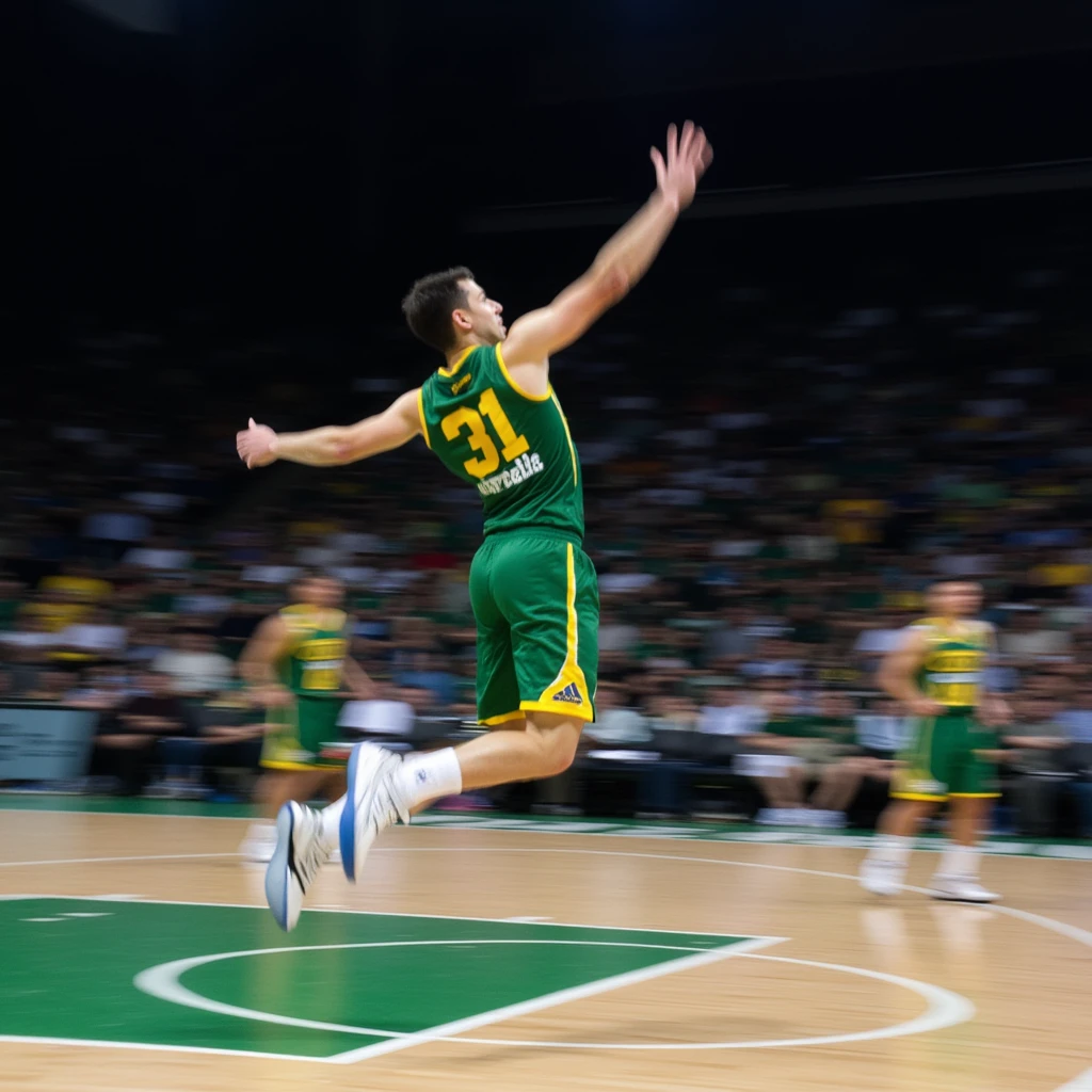 sports_photography, Photograph of a male basketball player mid-air, wearing a green and yellow uniform with the number 31 on the back. He has short dark hair and is leaping towards the hoop, with his arms extended. The background shows a blurred crowd in the stands . Other players in green and yellow uniforms are visible, one standing and another sitting on the bench. The court is well-lit, with a white boundary line.