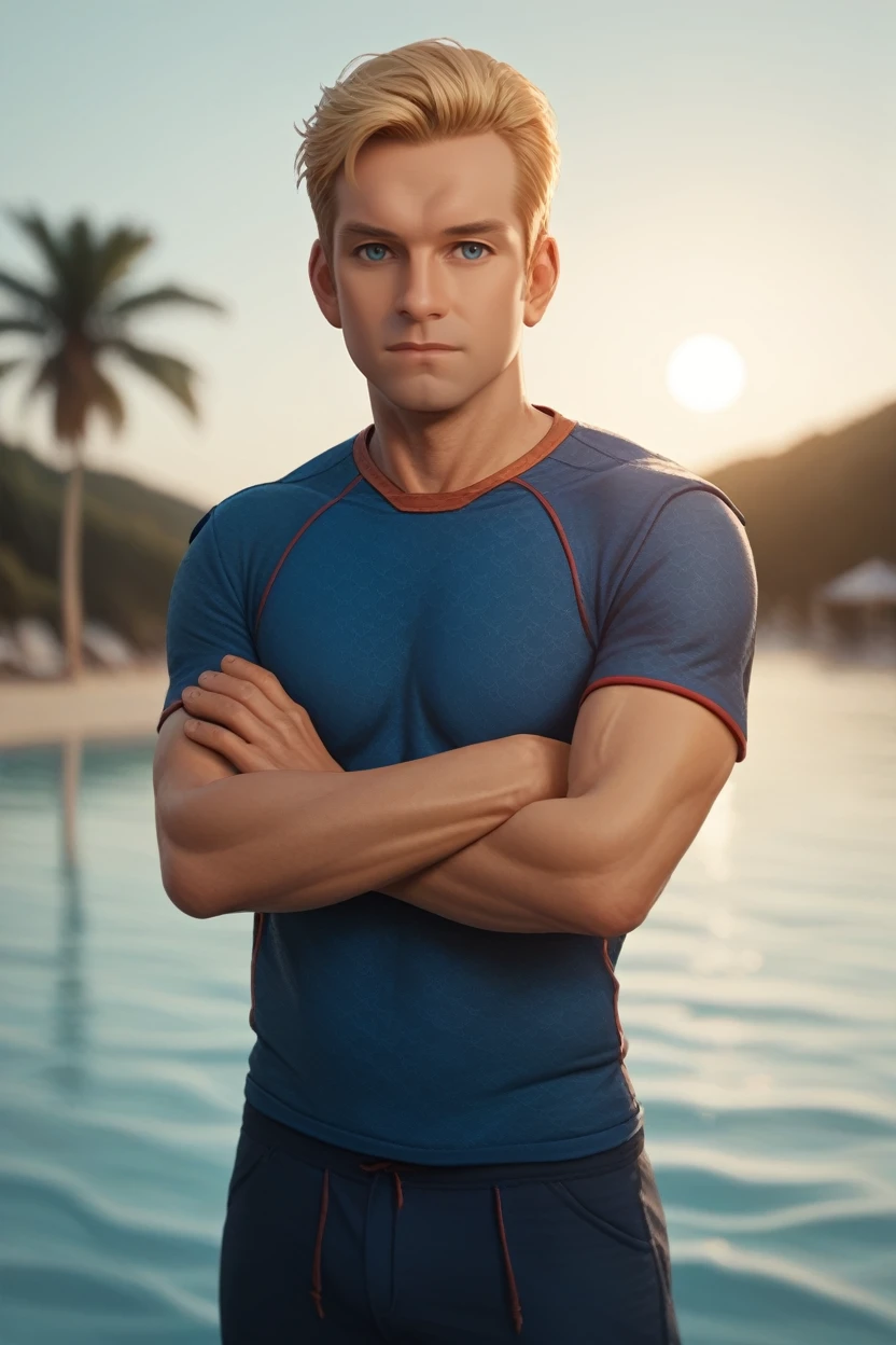 score_9, score_8_up, score_7_up, score_6_up
<lora:TBHomelander:1.0>
TBHomelander, 1boy, blonde hair, short hair, blue eyes looking at viewer, male model standing in shallow water, wearing a light beach shirt, arms crossed, confident expression, tropical backdrop, sun setting behind