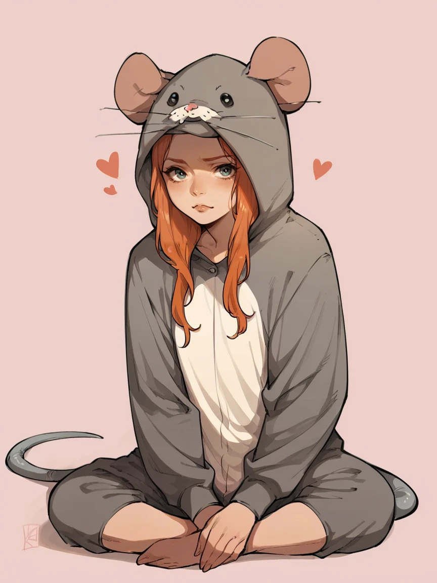 score_9, score_8_up, score_7_up, score_6_up, score_5_up,  <lora:ratonsieXLP3:1> rat onsie, barefoot, animal costume, tail, 1girl, ginger hair, sitting, heart, pink background,