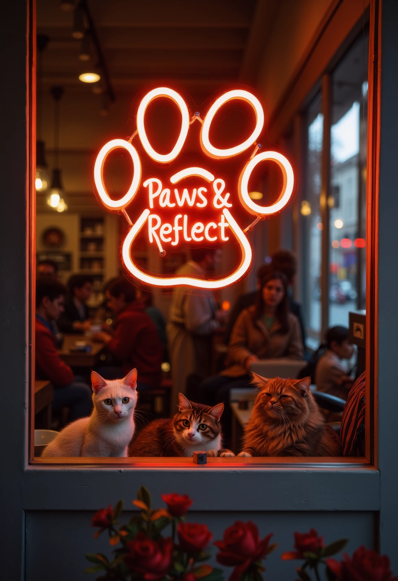 A coffee shop with a nnsgn neon sign on it's window, the sign is shaped like a cat's paw and reads "Paws & Reflect", inside the store we see people drinking coffees and a few cats just chilling, professional photography, perfect composition, great lighting 