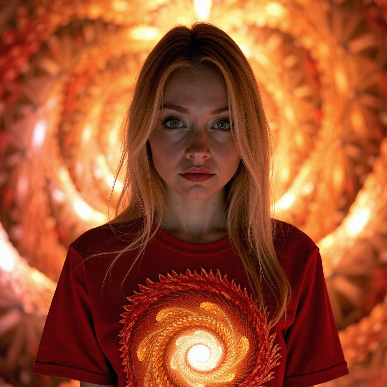 RAW photo, a candid full body portrait of a beautiful blonde woman wearing a (red shirt) printed with fractal art, 8k uhd, dslr, soft lighting, high quality, film grain, Fujifilm XT3 <lora:FLUX_Polyhedron_all_Kohya_ss-000001:0.1>
small chin, (no freckles:0.5), perfect eyes, glowing irises, ((even eyes)), ((even pupils)), round iris, detailed pupils, light reflections, visible cornea, blood vessels, (wet skin:1.1), (sweat:1.1), white winter skin, wax skin, marble skin, pale skin, clear skin, [[skin blemishes]], skin pores, blush, flushed cheeks, [[[[[moles]]]]], wrinkles, [[[[vitiligo spots]]]], [[whiteheads]], [[[blackheads]]], [pimples], perfect hands, shiny bright eyes, centered pupils, blood vessels in sclera, detailed skin, [[oiled shiny skin]], beauty spots, skin fuzz, shine from within, hands off face, not asian
she holds a strange device in his hand that consists of glowing fractals which form the universe
she stands in a strange but colorful corridor or tunnel that consists of fractals with a fractal floor and a double spiral staircase, fractal art, a fractal, (apophysis:1.1), helix, infinity, non euclidean, golden spiral, fibonacci, julian, mandelbrot  <lora:FLUX_Polyhedron_fractal_art_Kohya_ss-000001:1>