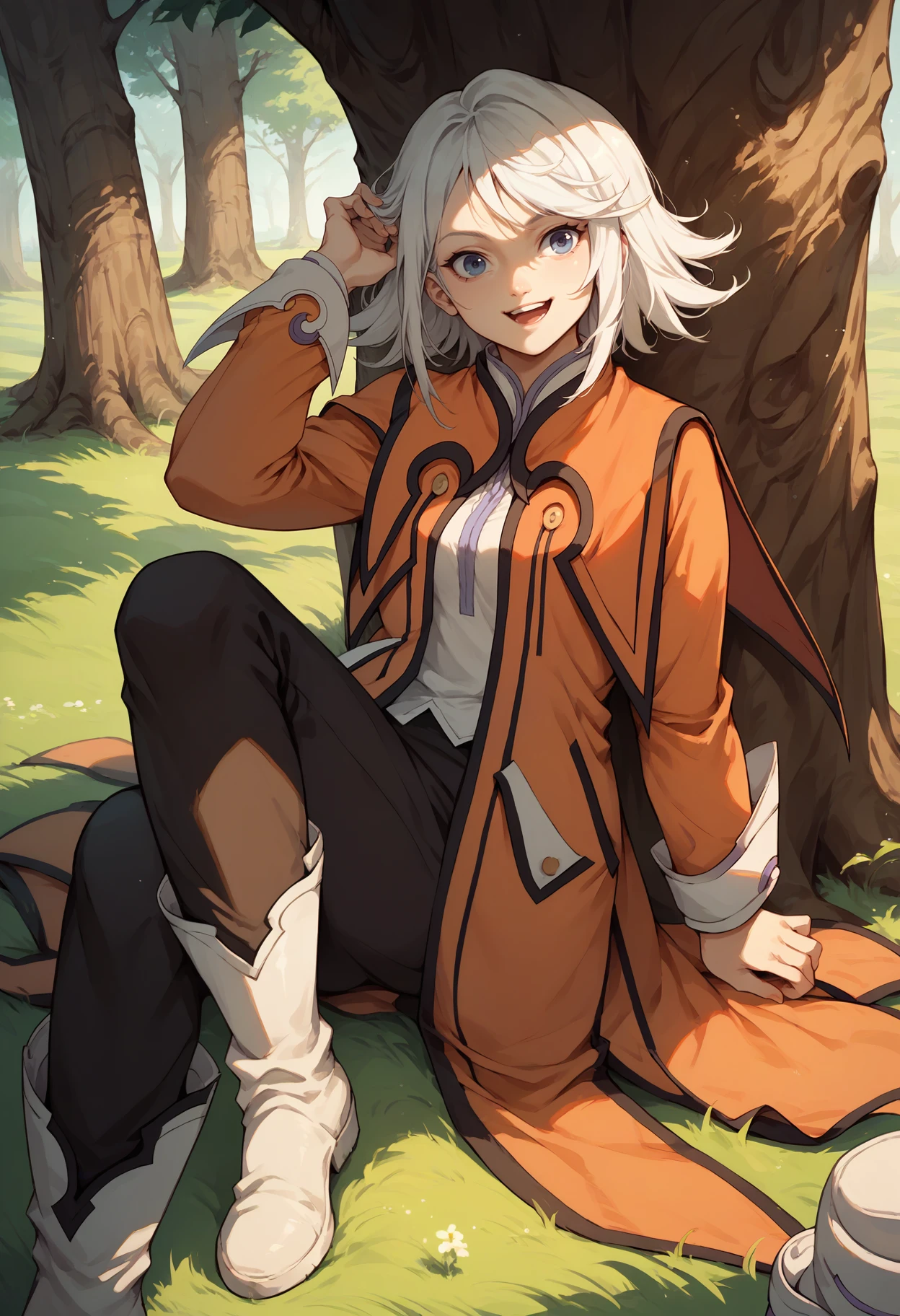 score_9, score_8_up, score_7_up, 1girl, sitting, against tree, knee up, looking at viewer, smile, open mouth, adjusting hair, <lora:RaineToS-pdxl:1> defRne, white hair, short hair, blue eyes, orange coat, medium breasts, white shirt, long sleeves, black pants, boots, white footwear, grass, tree