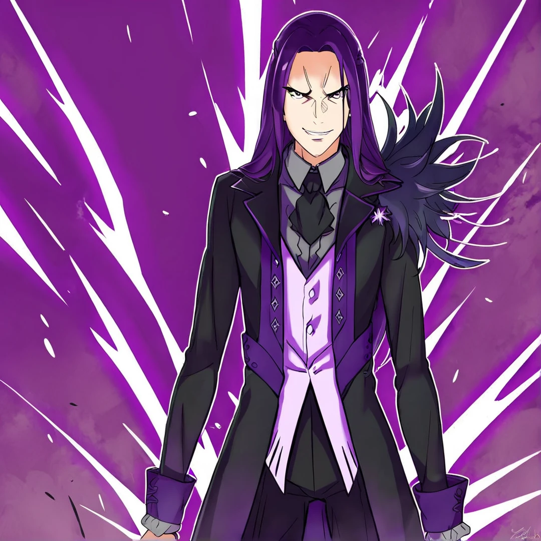 <lora:StrideVollachia:1>, stride, thirty years of age, his features, were uncommonly sharp and noble, has long, rich deep-purple hair, that had a silky look to it, and reached past his shoulders, wears black trousers, black shoes, a light grey shirt, a black cravat, a white waistcoat over the shirt, and a black long coat over the waistcoat, that had notched lapels and rolled cuffs, purple lining, on his left shoulder, has many large feathers with purple tips, on each of his ten fingers, are ring curse tools, solo, standing in a war zone, ruined buildings, spreaded flames, explosions, dragons in the sky, is fighting, surrounded with flames