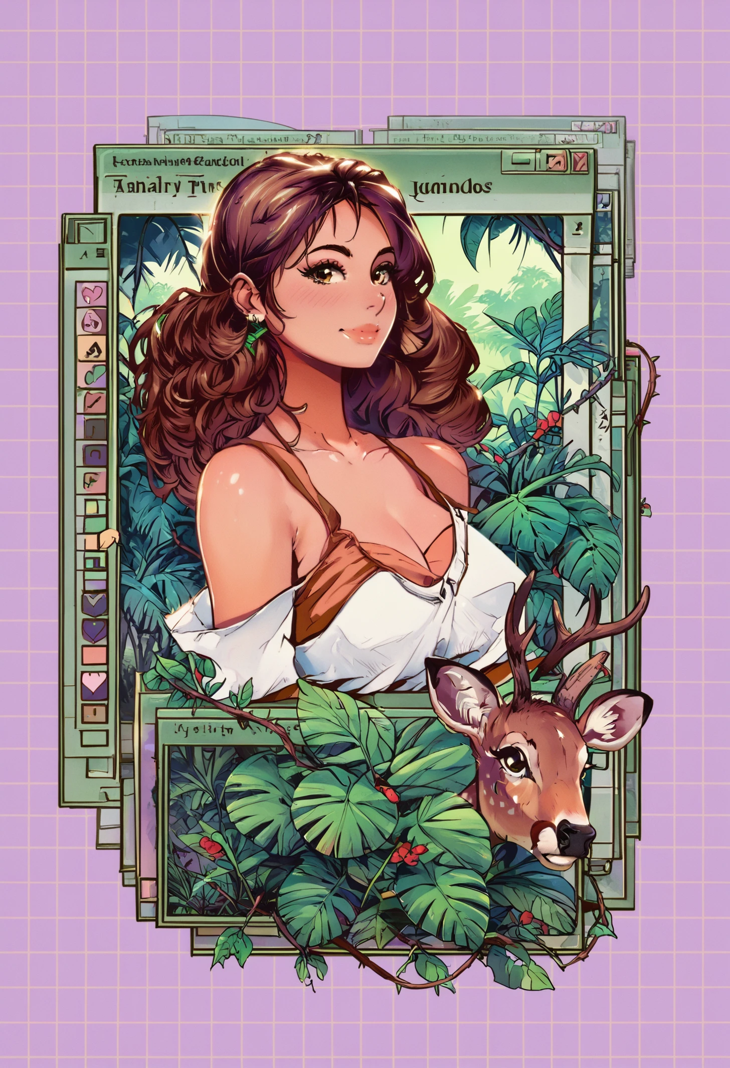 score_9, score_8_up, score_8, 1girl, full body shot of a woman next to a deer, smile, breasts, cleavage, a photo of a beautiful woman, brown hair, in a linen pants and white sexy shirt, tailor clothes, hair of medium length, fluttering in the wind, deer, jungle, full body, blush, flowing hair, makeup, earing, outdoors, brown framed, grid background, purple background, ivy, thorns, grass, a jungle forest, leaf, bush, plant, roots, branch, long hair, solo, drawing, retro, vintage, art, style, Astral Grave <lora:Astral Grave:1.2> <lora:Pony_DetailV2.0:1>