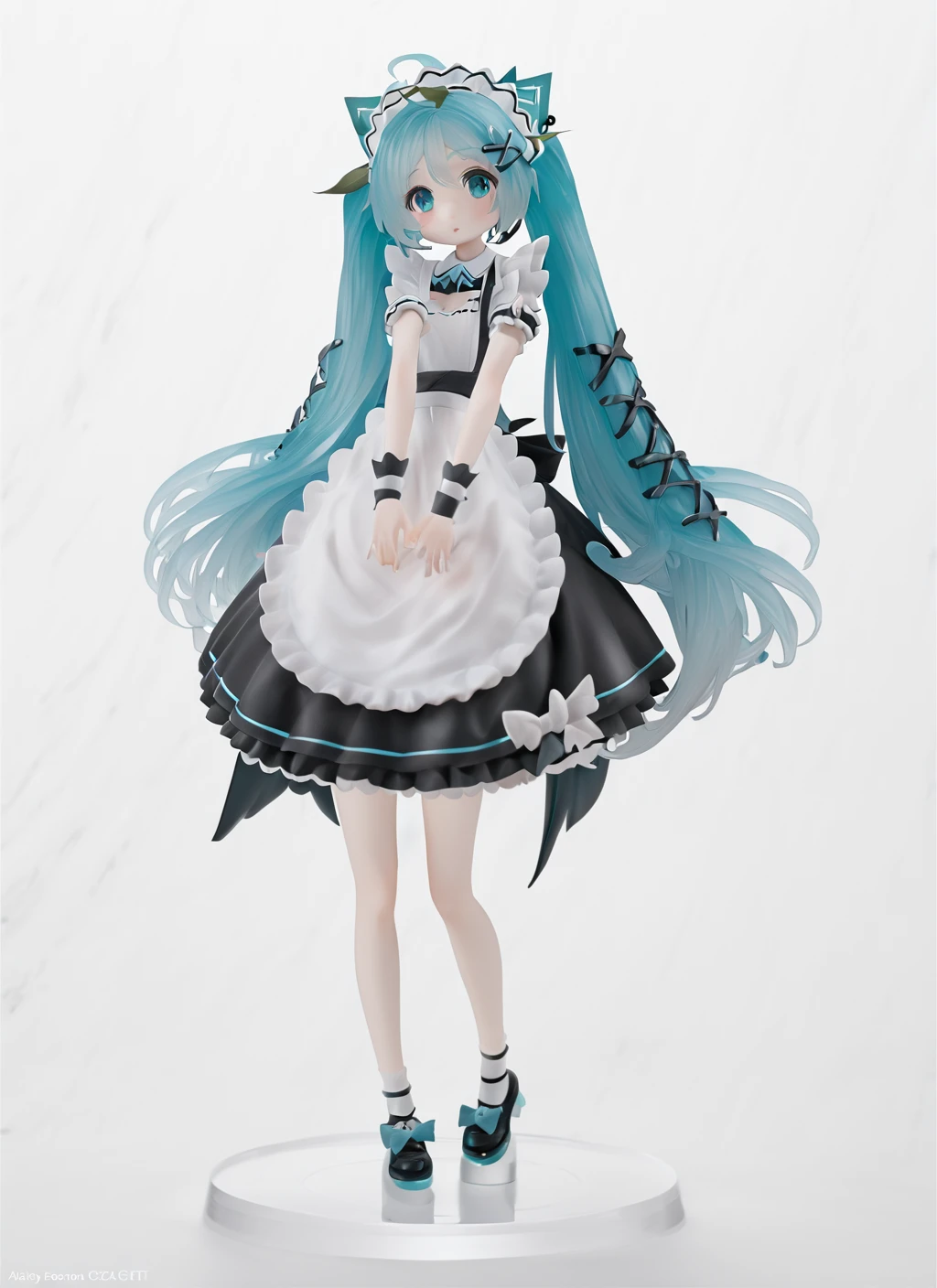 <lora:Gock_so_PVC:1> (pvc:1.2),1girl ,  cute , longhair , white hair , standing, look at viewer , maid outfit ,white background ,white transparent figure base , miku