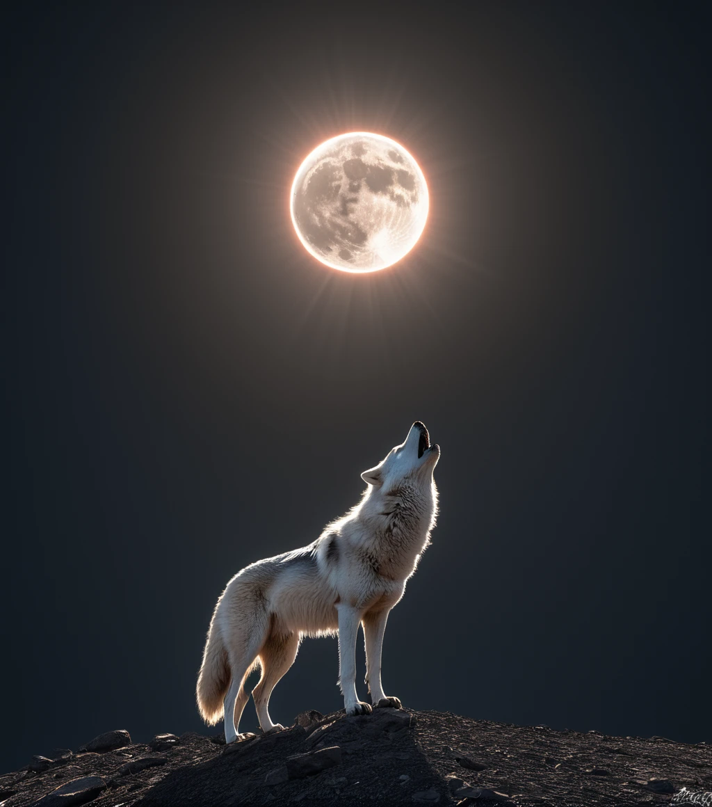 <lora:3cl1p53_01XL-000008:1.1>,(3cl1p53 style),a RAW photograph of (3cl1p53 eclipse:0.9) (rising high in the sky above),with a (white wolf howling at the moon:1.1),standing on a hill,surrounded by bright solar corona,HDR,(wide angle shot),sharp focus,(highly detailed),(8k wallpaper),intricately detailed,highres,absurdres,hyper realistic,8K UHD DSLR,IMAX,extremely intricate,4k textures,cinematic look),hyperdetailed