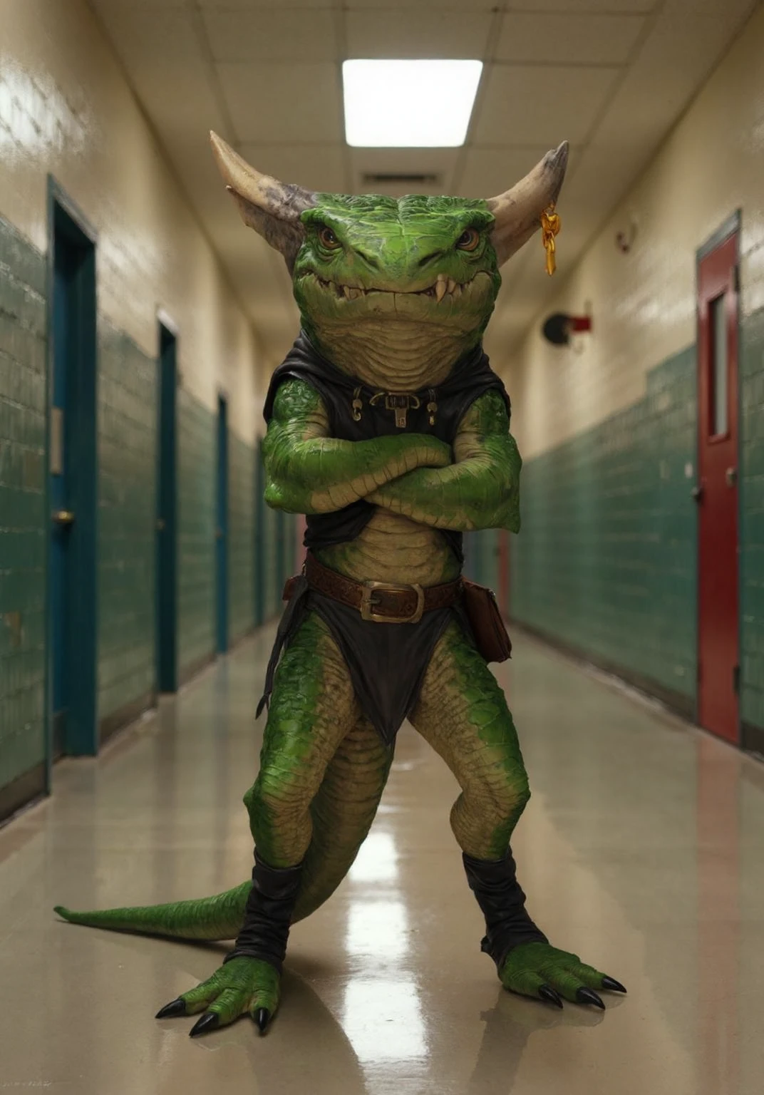 A captivating portrait of a kobold, standing confidently in the center of an empty, echoing high school hallway. The kobold is a vision of teenage rebellion, her confident gaze meeting the viewer's with a mix of defiance and vulnerability.