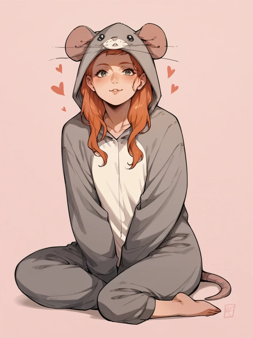 score_9, score_8_up, score_7_up, score_6_up, score_5_up,  <lora:ratonsieXLP3:1> rat onsie, barefoot, animal costume, tail, 1girl, ginger hair, sitting, heart, pink background,