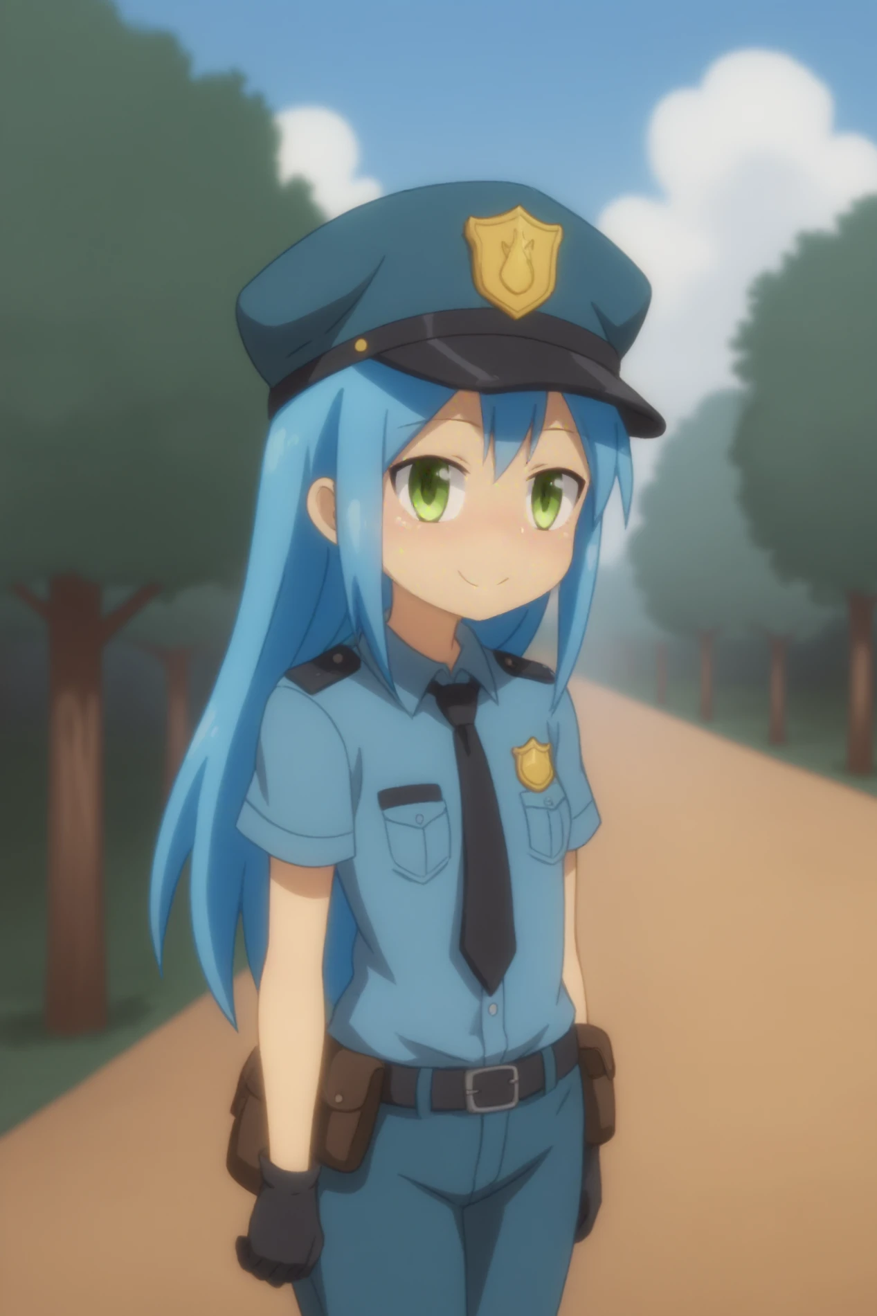 Leprechaun C, blue hair, hat, anime coloring, solo, rating_all, outdoors, Police Girl Outfit <lora:Ishuzoku_Reviewers-Leprechaun_C-PDXL:0.8>