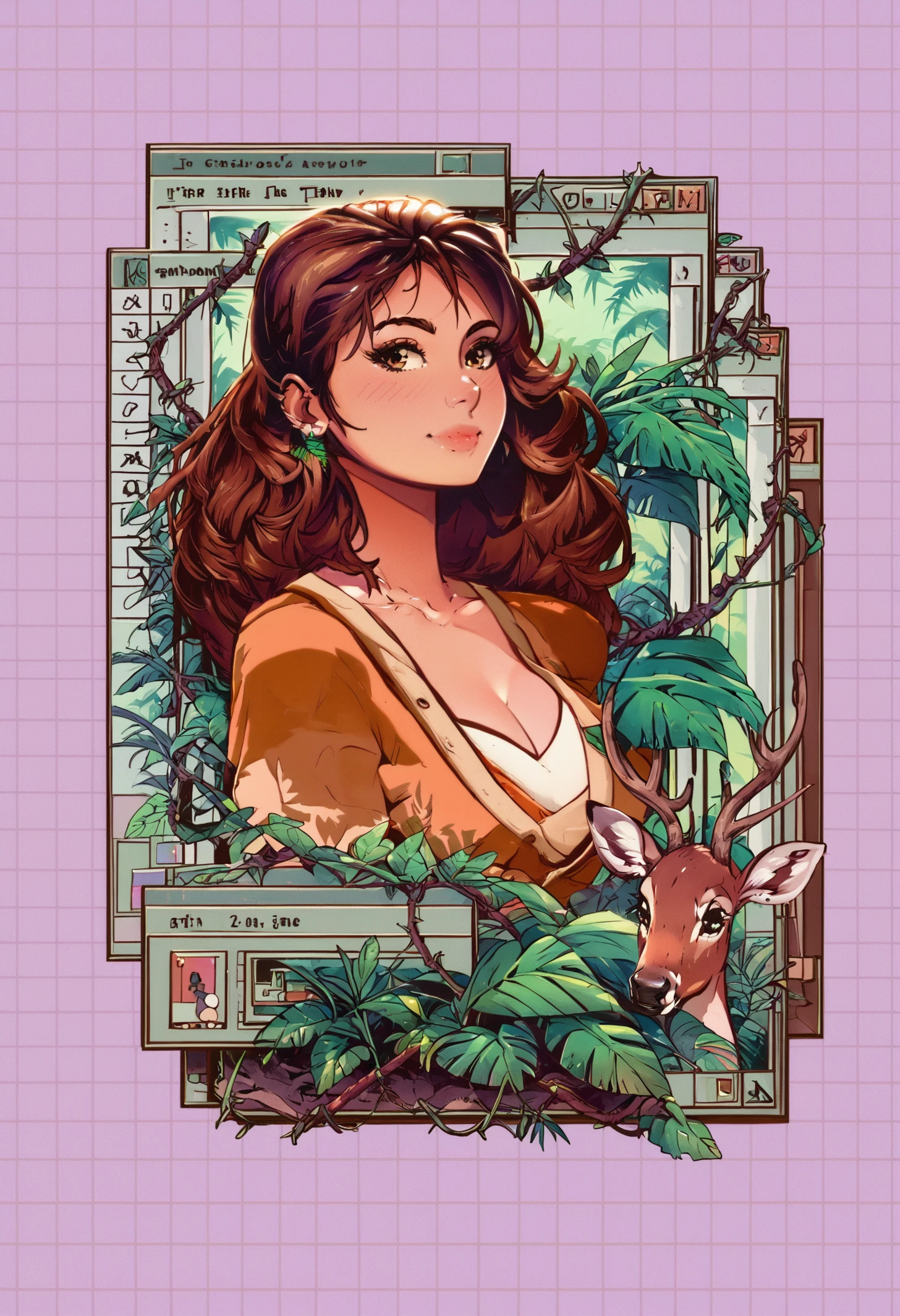 score_9, score_8_up, score_8, 1girl, full body shot of a woman next to a deer, smile, breasts, cleavage, a photo of a beautiful woman, brown hair, in a linen pants and white sexy shirt, tailor clothes, hair of medium length, fluttering in the wind, deer, jungle, full body, blush, flowing hair, makeup, earing, outdoors, brown framed, grid background, purple background, ivy, thorns, grass, a jungle forest, leaf, bush, plant, roots, branch, long hair, solo, drawing, retro, vintage, art, style, Astral Grave <lora:Astral Grave:1.2> <lora:Pony_DetailV2.0:1>