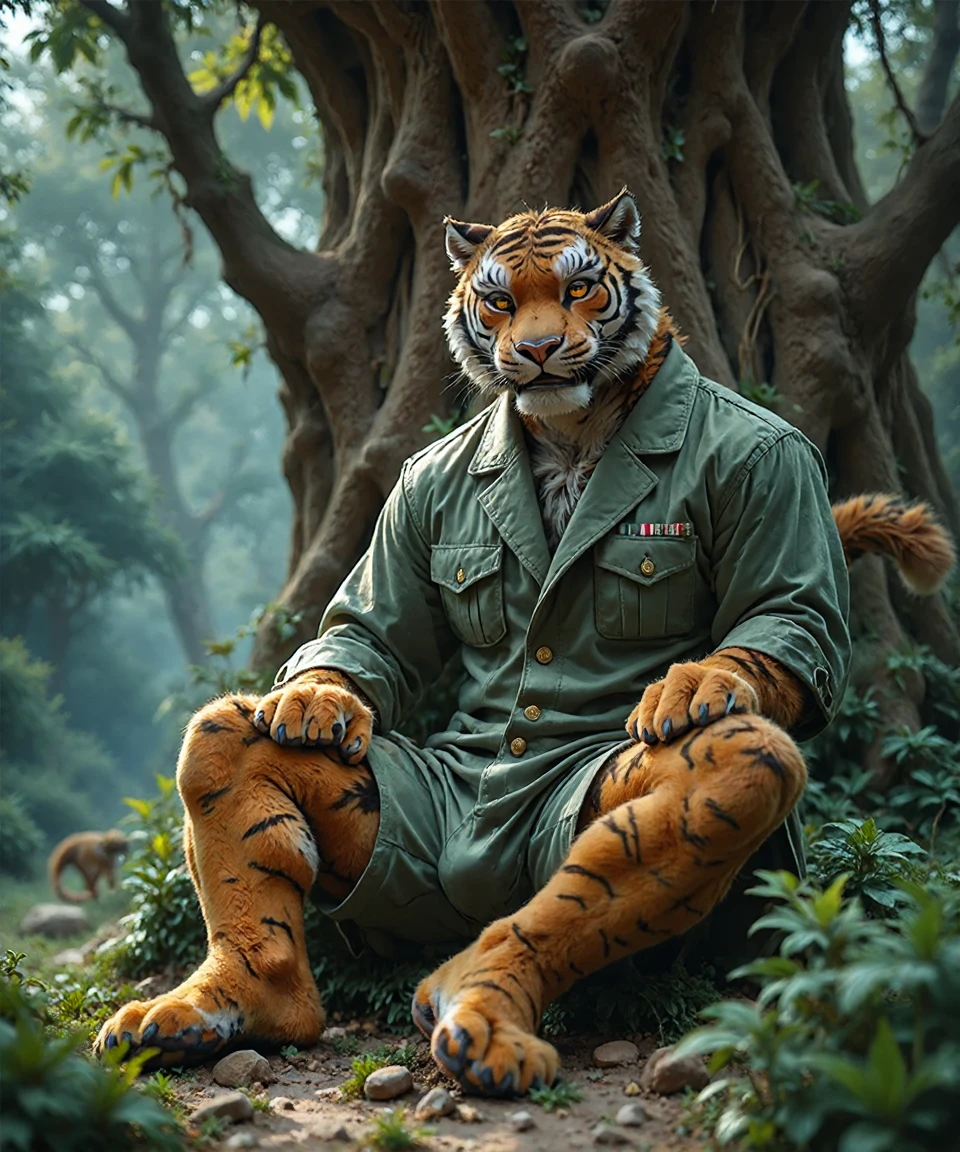 <lora:animan_01:1.2> ,animanflux,This is a highly detailed realistic candid photography depicting an anthropomorphic animal figure.In a dense jungle, an anthropomorphic tiger character sits under a huge tree. The tiger has golden fur and sharp yellow eyes, wearing a green camouflage uniform. His muscles are well-defined, ears pointed, and his tail gently sways behind him. The jungle is full of life, with birds singing and monkeys jumping in the trees.