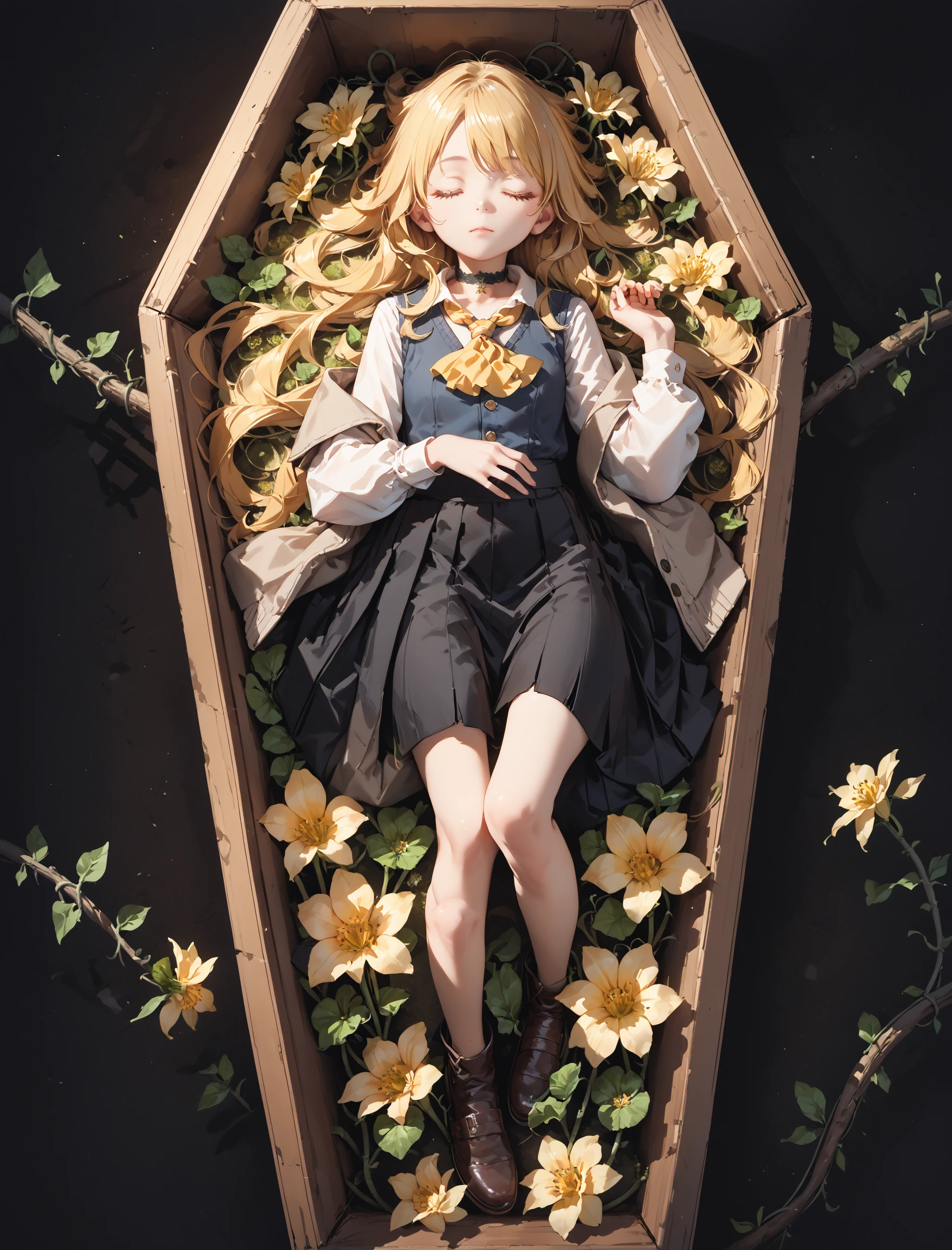 score_9, score_8, score_7_up masterpiece, amazing quality, hyper detailed, high resolution, highres, (embedding:zPDXL3:1.1), 

1girl, blonde hair, long hair, closed eyes, jacket, white shirt, vest, choker, ascot, black skirt, footwear,

coffin, oak coffin, lying on back, fullbody, top view, flowers, green flowers, yellow flowers, vines,

black background, fullbody,