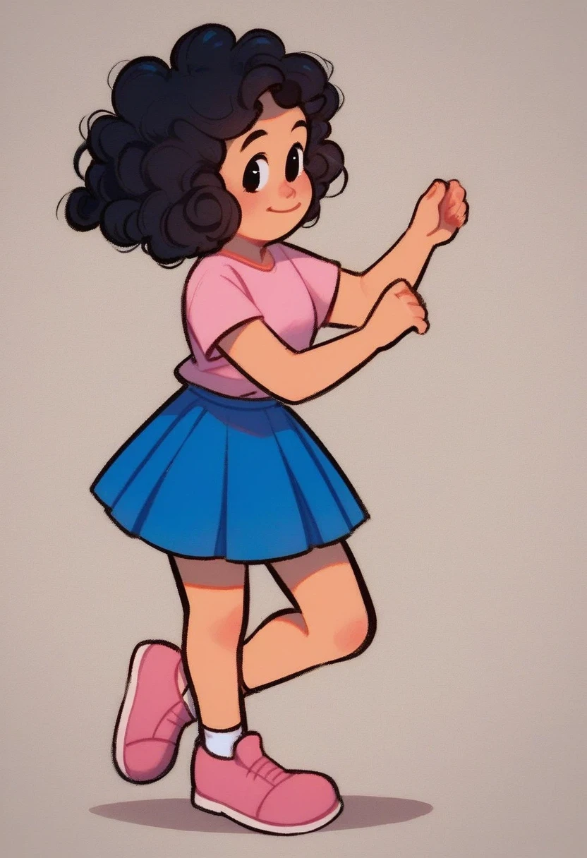 lucila, 1girl, shirt, skirt, black hair, black eyes, blue skirt, pink shirt, curly hair, pink footwear